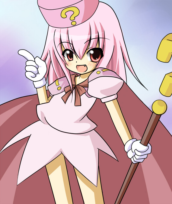 shuz (dodidu), hatena yousei, benesse, questionmark, 1girl, :d, ?, blush, cape, fang, female focus, gloves, hat, index finger raised, long hair, open mouth, pink hair, pink hat, red eyes, scepter, smile, solo