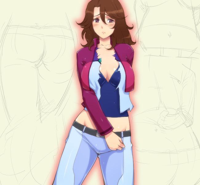 hairu, sumeragi lee noriega, gundam, gundam 00, 00s, 1girl, breasts, brown hair, cleavage, female focus, long hair, midriff, solo, torn clothes