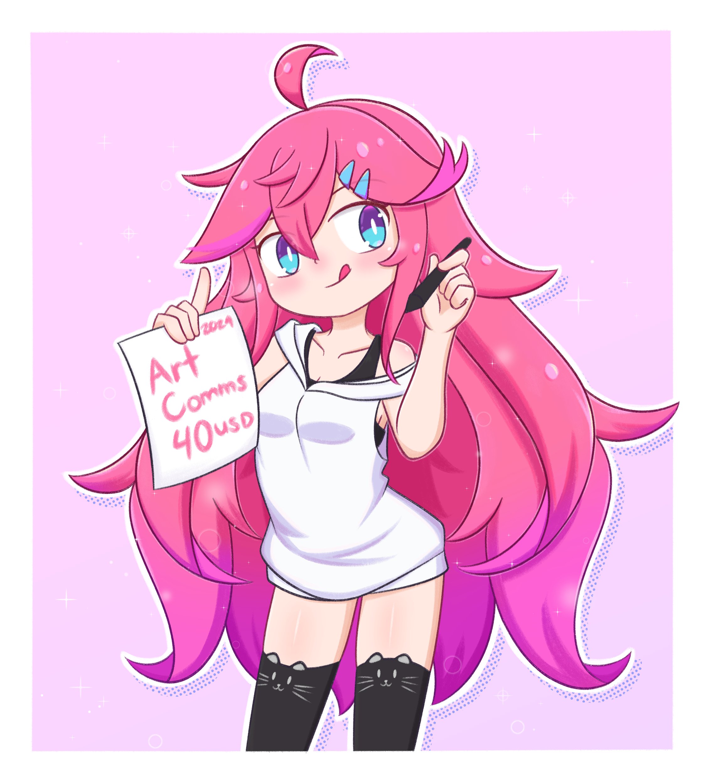 original, absurdres, commentary, english commentary, highres, 1girl, :q, ahoge, aqua eyes, black bra, black thighhighs, blush, border, bra, breasts, bright pupils, cleavage, collarbone, colored tips, cowboy shot, english text, eyelashes, hair ornament, hairclip, holding, holding paper, holding pen, hood, hood down, hoodie, index finger raised, long hair, multicolored hair, ojazaki, outline, paper, pen, pink hair, single bare shoulder, sleeveless, sleeveless hoodie, smile, solo, sparkle, thighhighs, tongue, tongue out, tsumiki (ojazaki), underwear, very long hair, white border, white hoodie, white outline, white pupils
