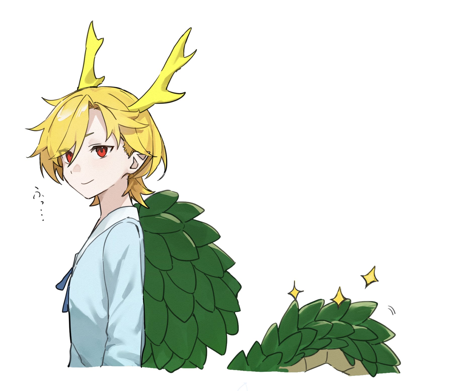 kicchou yachie, touhou, commentary request, highres, translation request, 1girl, antlers, blonde hair, blue shirt, closed mouth, dragon girl, dragon horns, dragon tail, green scales, green tail, horns, long sleeves, looking at viewer, pointy ears, red eyes, shirt, short hair, skirt, smile, solo, sparkle, spiked shell, tail, takoyaki5221, turtle shell, yellow horns