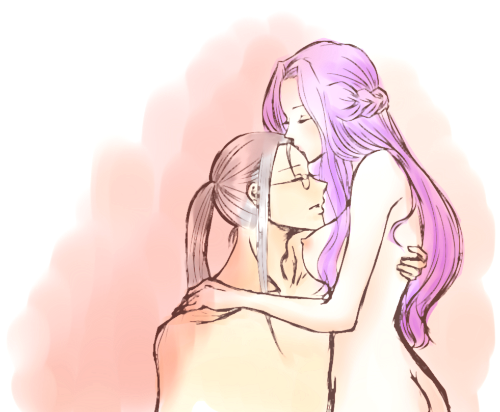 cornelia li britannia, gilbert g.p. guilford, code geass, 00s, 1boy, 1girl, ass, breasts, completely nude, glasses, long hair, medium breasts, nipples, nude, purple hair, sideboob