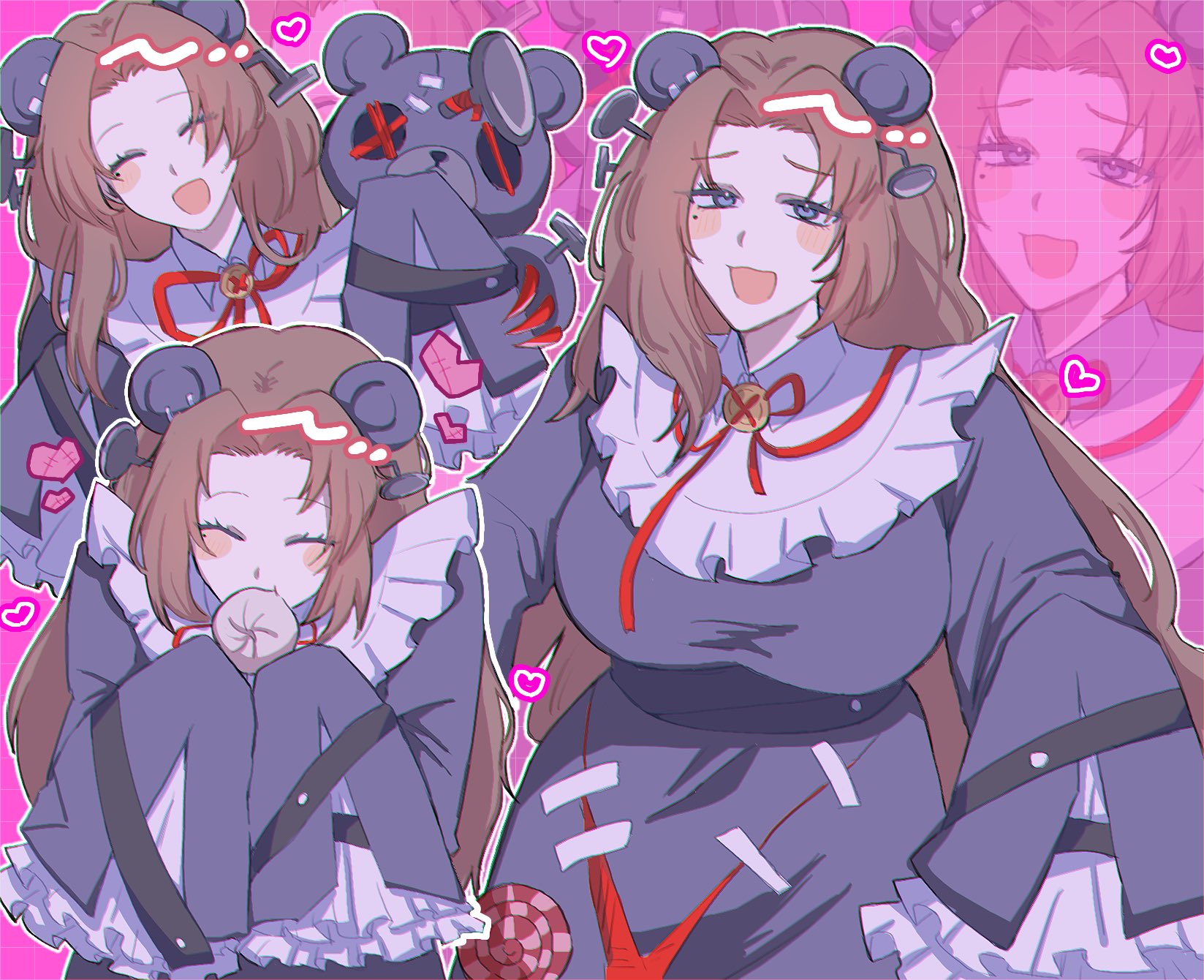 suzuki 555, hurting teddy bear, rodion (project moon), limbus company, project moon, highres, 1girl, :d, animal ears, bear ears, blue eyes, breasts, brown hair, candy, dress, e.g.o (project moon), food, grey dress, heart, hex nail (e.g.o), large breasts, lollipop, long hair, looking at viewer, mole, mole under eye, multiple views, nail (hardware), nail hair ornament, open mouth, pink background, red yarn, simple background, smile, solo, stitches, stuffed animal, stuffed toy, teddy bear, upper body