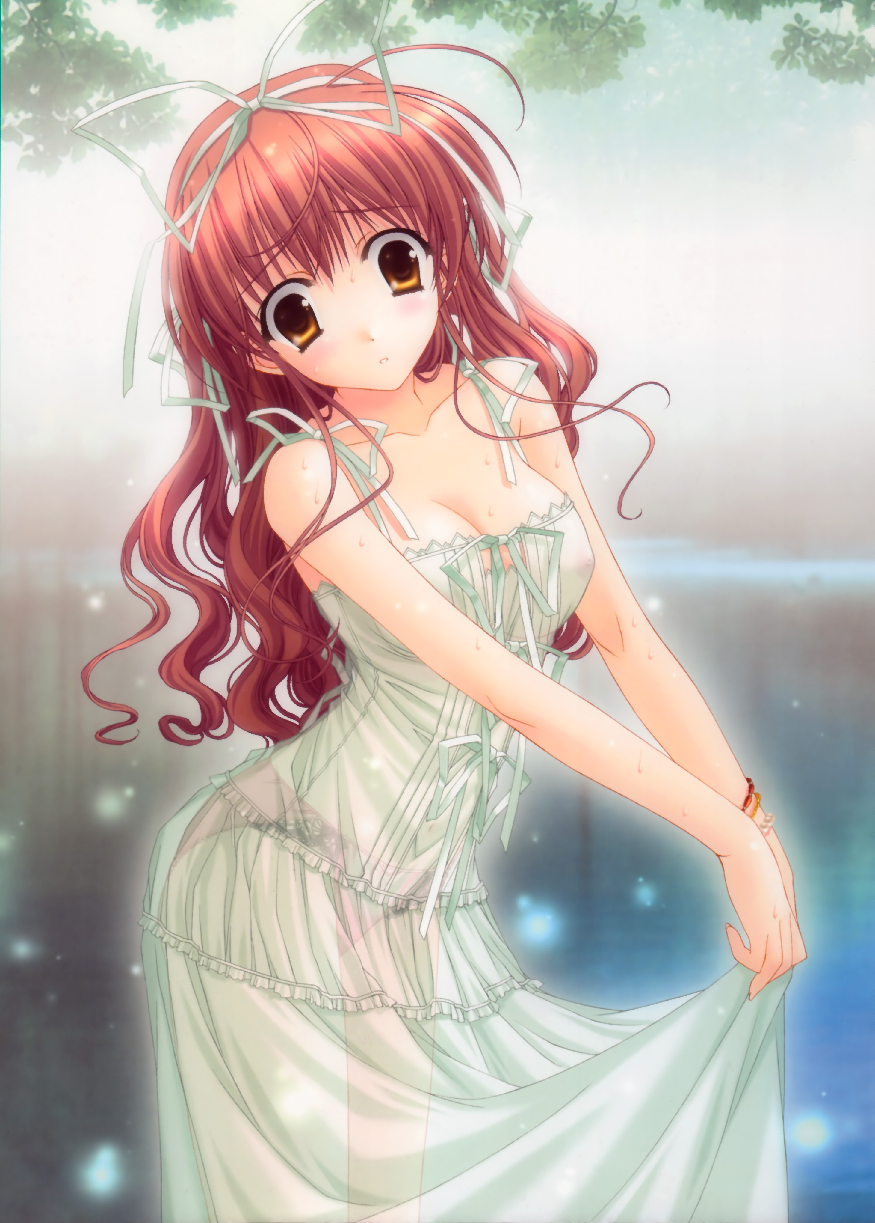 kimizuka aoi, original, absurdres, highres, 1girl, blush, bracelet, breasts, cleavage, clothes lift, curly hair, dress, dress lift, female focus, green dress, hair ribbon, head tilt, jewelry, long hair, medium breasts, nature, nipples, no bra, orange eyes, outdoors, panties, pink hair, pink panties, ribbon, see-through clothes, solo, underwear, water, wavy hair, wet, wet clothes, yellow eyes