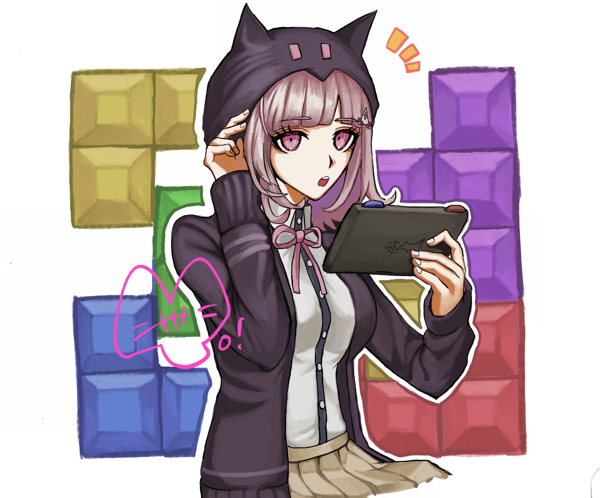 yo (1tgm2sud3mmt), nanami chiaki, danganronpa (series), danganronpa 2: goodbye despair, tetris, highres, 1girl, :o, black jacket, black shirt, brown hair, brown skirt, dress shirt, handheld game console, holding, holding handheld game console, hood, hood up, hooded jacket, jacket, medium hair, notice lines, open clothes, open jacket, pink eyes, pleated skirt, shirt, skirt, solo, teeth, upper teeth only, white shirt