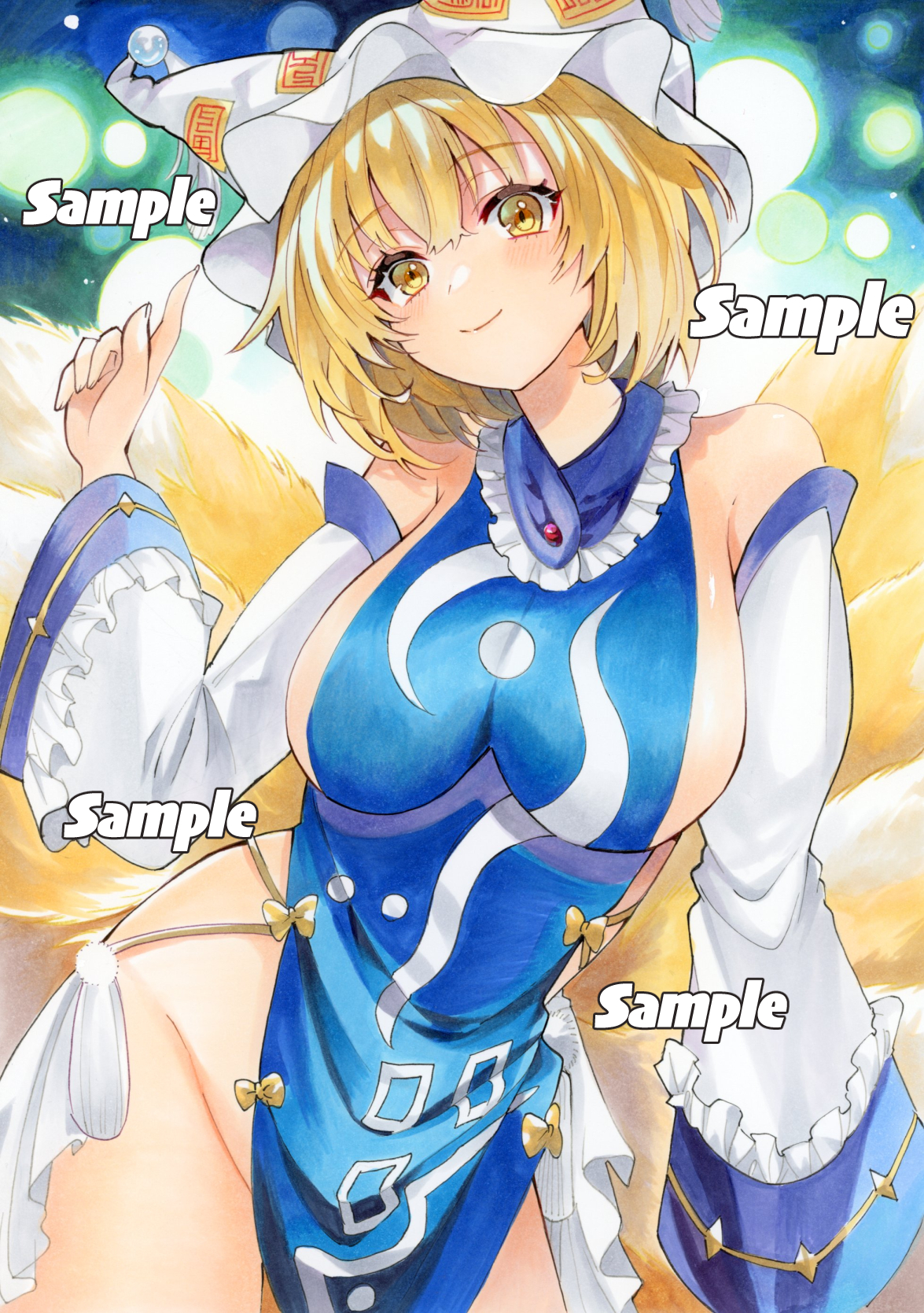 amore seven, yakumo ran, touhou, commentary request, highres, traditional media, 1girl, bare shoulders, blonde hair, blue tabard, blush, breasts, closed mouth, detached sleeves, fox girl, fox tail, hair between eyes, hand up, hat, kitsune, kyuubi, large breasts, looking at viewer, medium hair, multiple tails, naked tabard, no bra, no panties, sample watermark, sideboob, smile, solo, tabard, tail, thighs, watermark, yellow eyes