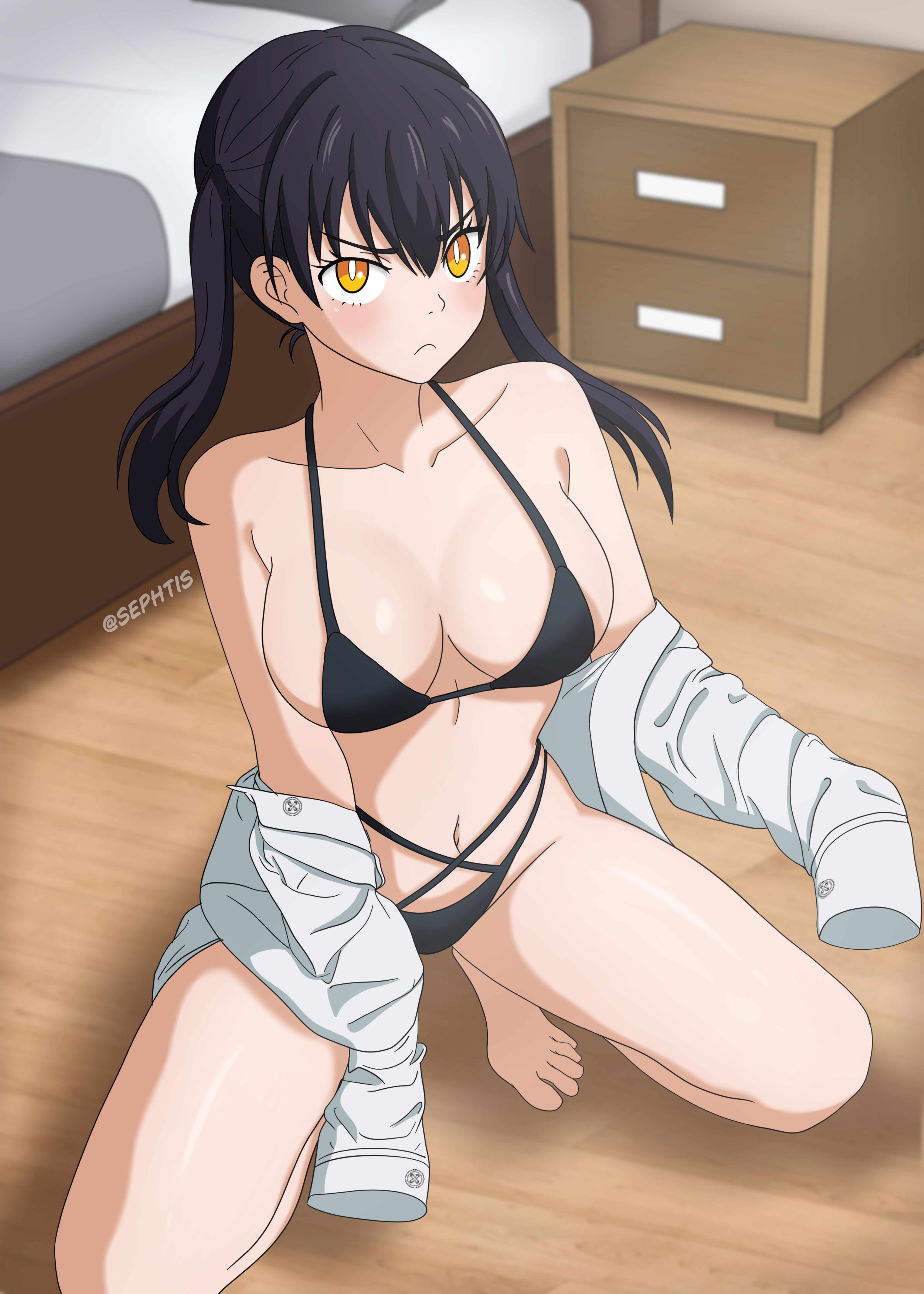sephtis, tamaki kotatsu, en'en no shouboutai, absurdres, highres, 1girl, armpit crease, barefoot, bedroom, bikini, black bikini, black hair, breasts, cleavage, closed mouth, collarbone, frown, full body, large breasts, looking at viewer, navel, off shoulder, shirt, sleeves past wrists, squatting, stomach, swimsuit, thighs, twintails, v-shaped eyebrows, white shirt, yellow eyes