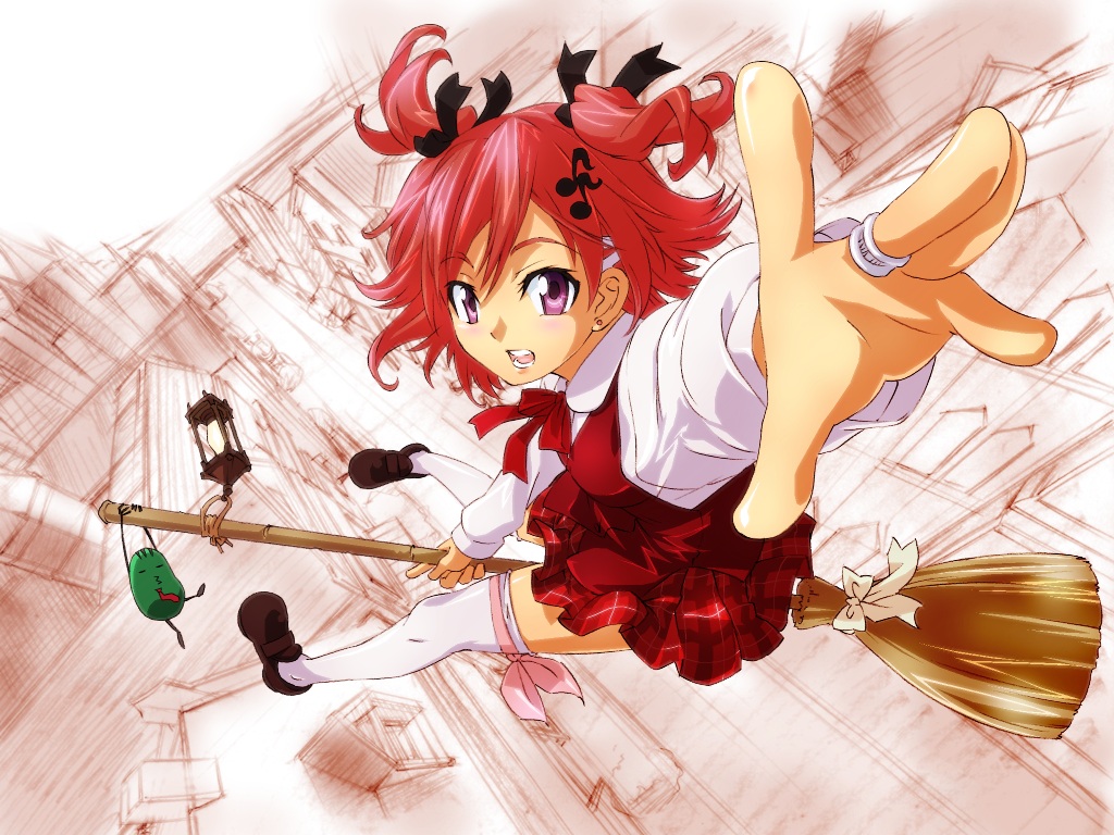 haruka shiya, motsu, motsu (negima), sasaki makie, mahou sensei negima!, 00s, 1girl, broom, earrings, female focus, foreshortening, hair ornament, hair ribbon, jewelry, lamp, looking back, open mouth, pink hair, plaid clothes, plaid skirt, purple eyes, purple hair, red hair, ribbon, riding, ring, school uniform, serafuku, short hair, skirt, solo, thighhighs, twintails