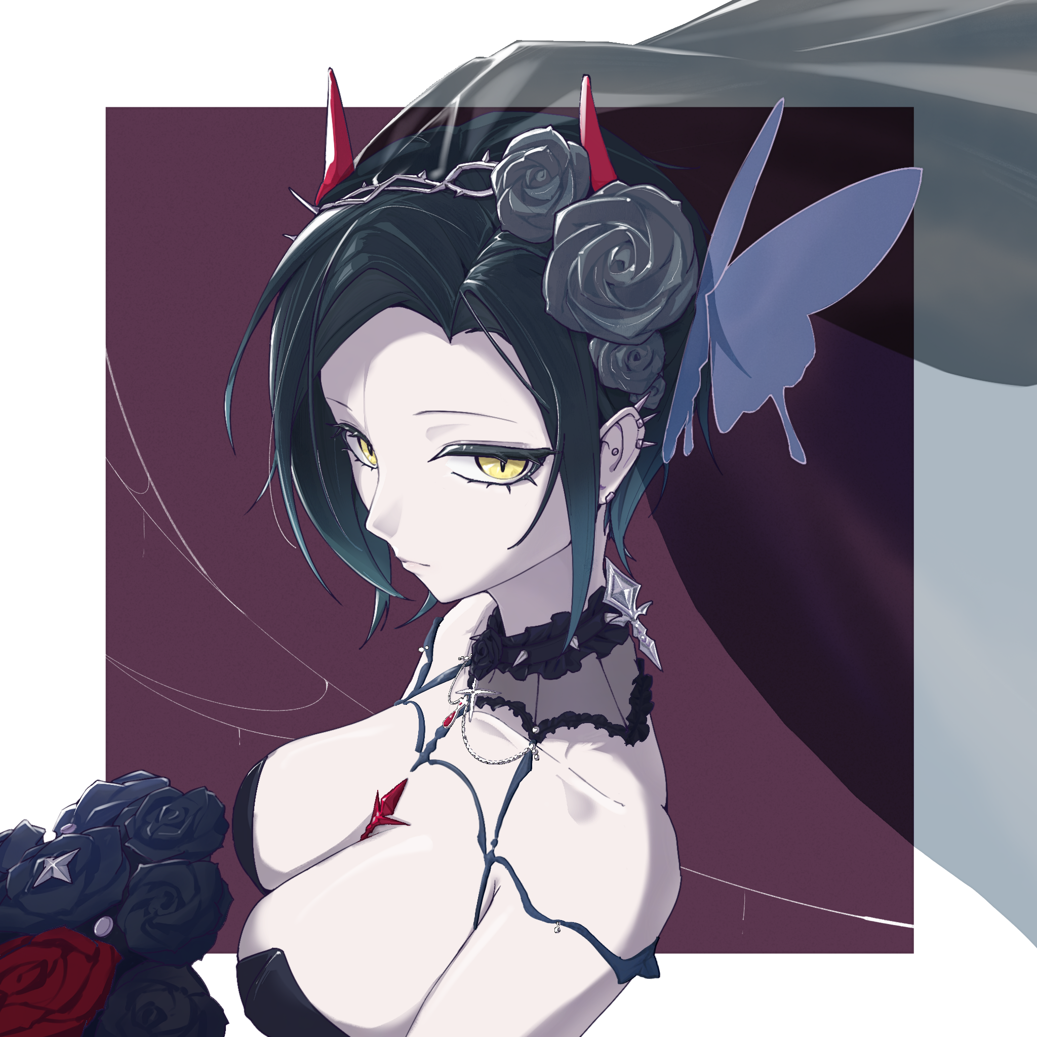 meng mian chaoreng, ulrich von hutten (azur lane), ulrich von hutten (liebestrank) (azur lane), azur lane, highres, 1girl, black dress, black flower, black hair, bouquet, breasts, bridal veil, butterfly hair ornament, cleavage, closed mouth, dress, flower, gradient hair, green hair, hair flower, hair ornament, holding, holding bouquet, horns, large breasts, looking at viewer, multicolored hair, official alternate costume, purple background, red horns, short hair, silk, simple background, slit pupils, solo, spider web, spiked ear piercing, veil, wedding dress, yellow eyes