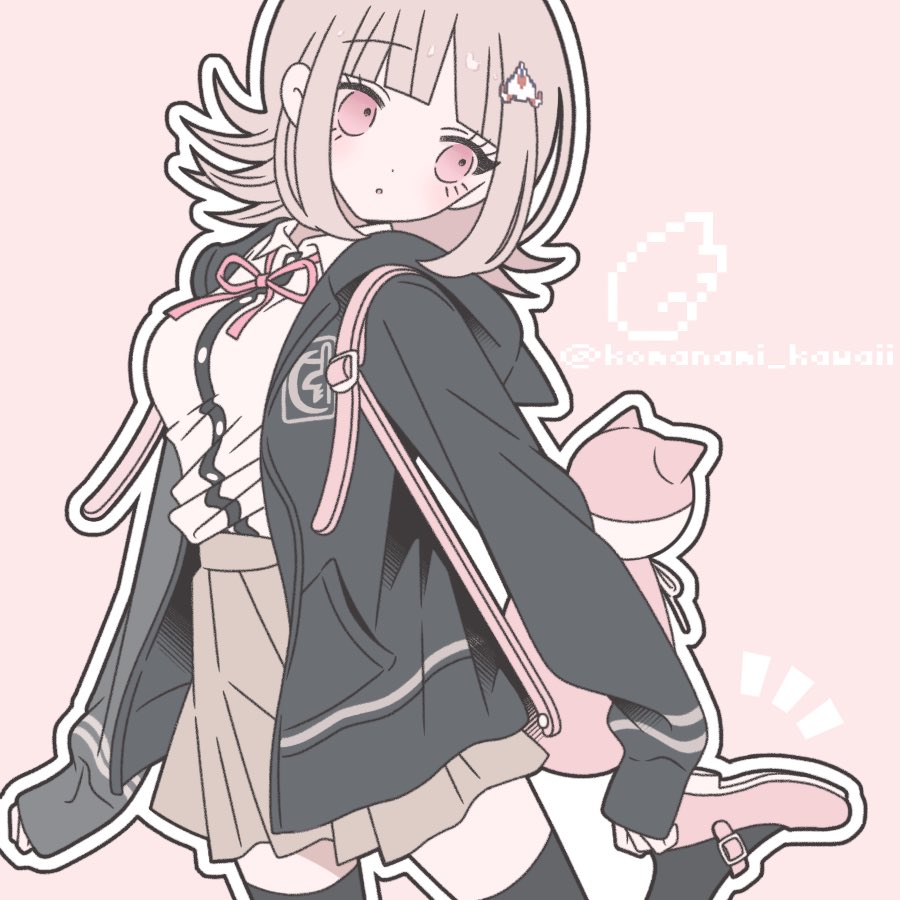 komanami kawaii, nanami chiaki, danganronpa (series), danganronpa 2: goodbye despair, 1girl, breasts, brown hair, collared shirt, flipped hair, hair ornament, hood, jacket, long sleeves, medium hair, neck ribbon, open clothes, open jacket, pink bag, pink eyes, pink ribbon, pleated skirt, ribbon, shirt, shoes, skirt, solo, thighhighs, two-tone shirt, white shirt