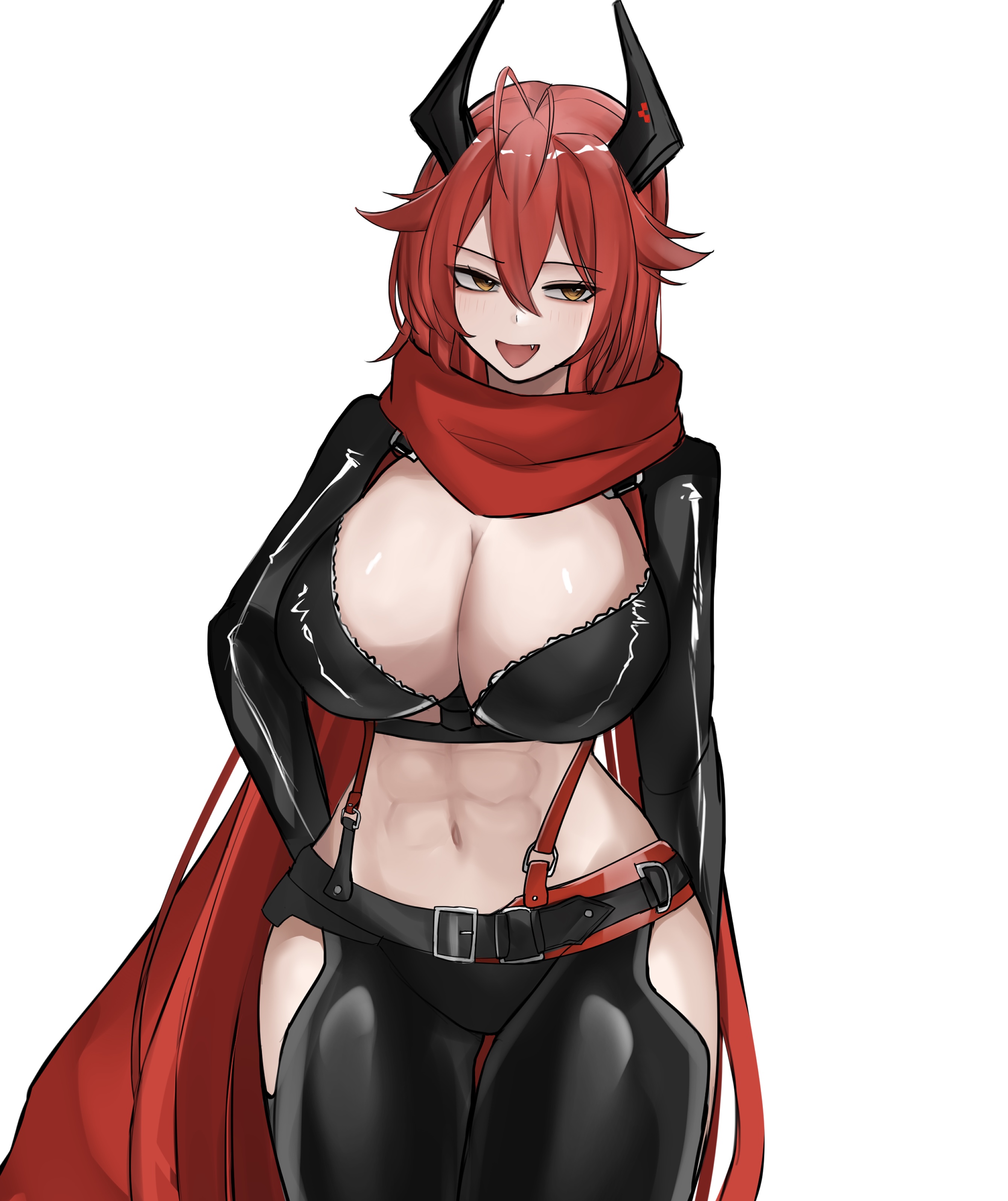 sayav44, red hood (nikke), goddess of victory: nikke, absurdres, highres, 1girl, clothing cutout, double-parted bangs, horns, latex bikini, leather, leather pants, leg cutout, mechanical horns, navel, pants, red hair, red scarf, scarf, simple background, solo, white background, yellow eyes
