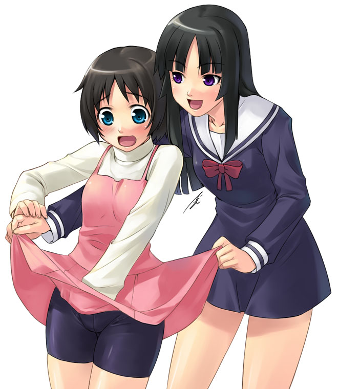 mizuki gyokuran, isayama yomi, tsuchimiya kagura, ga-rei, ga-rei zero, 00s, 2girls, :d, bike shorts, black hair, blue eyes, blunt bangs, blush, clothes lift, hime cut, latex, long hair, multiple girls, open mouth, purple eyes, school uniform, serafuku, short hair, simple background, skirt, skirt lift, smile, spandex, white background