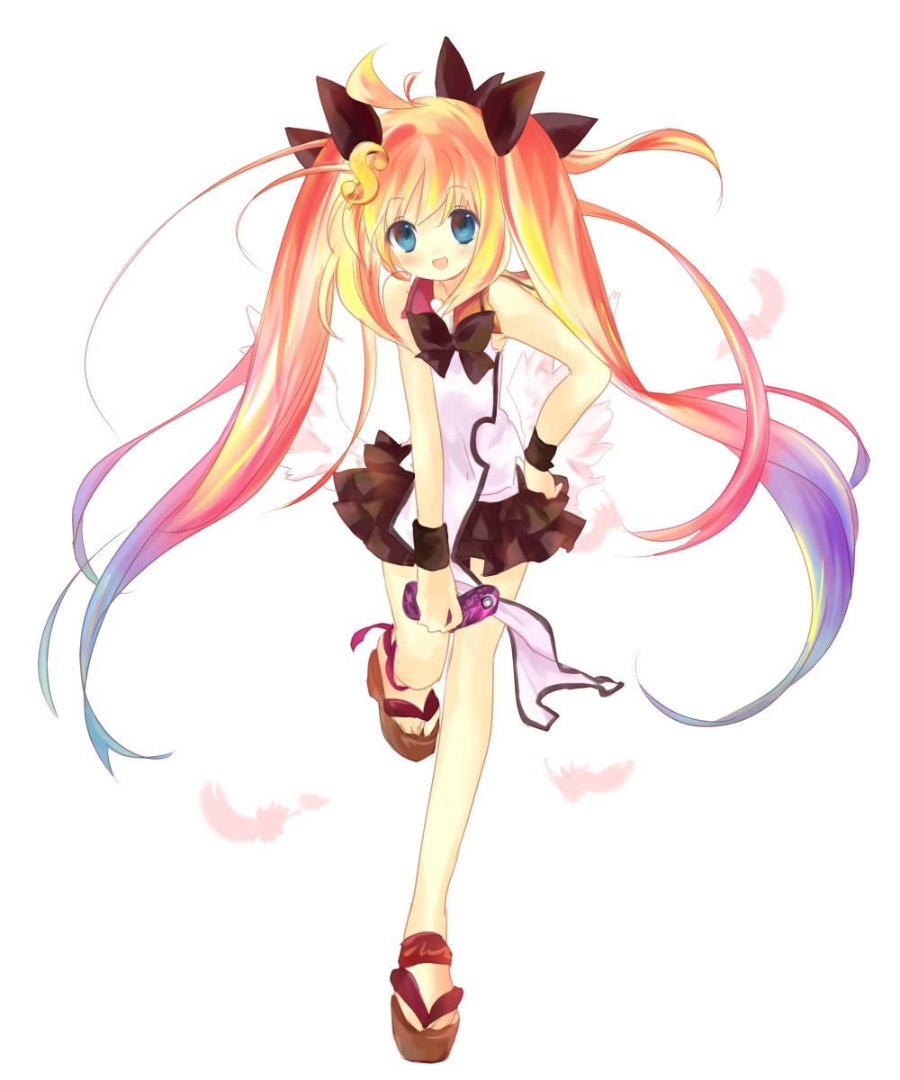 bear (artist), nokia, greed packet unlimited, bad id, bad pixiv id, highres, 1boy, blonde hair, blue eyes, blush, cellphone, crossdressing, crossdressing (mtf), dollar sign, hair ornament, hairclip, happy, long hair, low wings, male focus, multicolored hair, orange hair, phone, ribbon, sandals, skirt, smile, solo, trap, twintails, wings