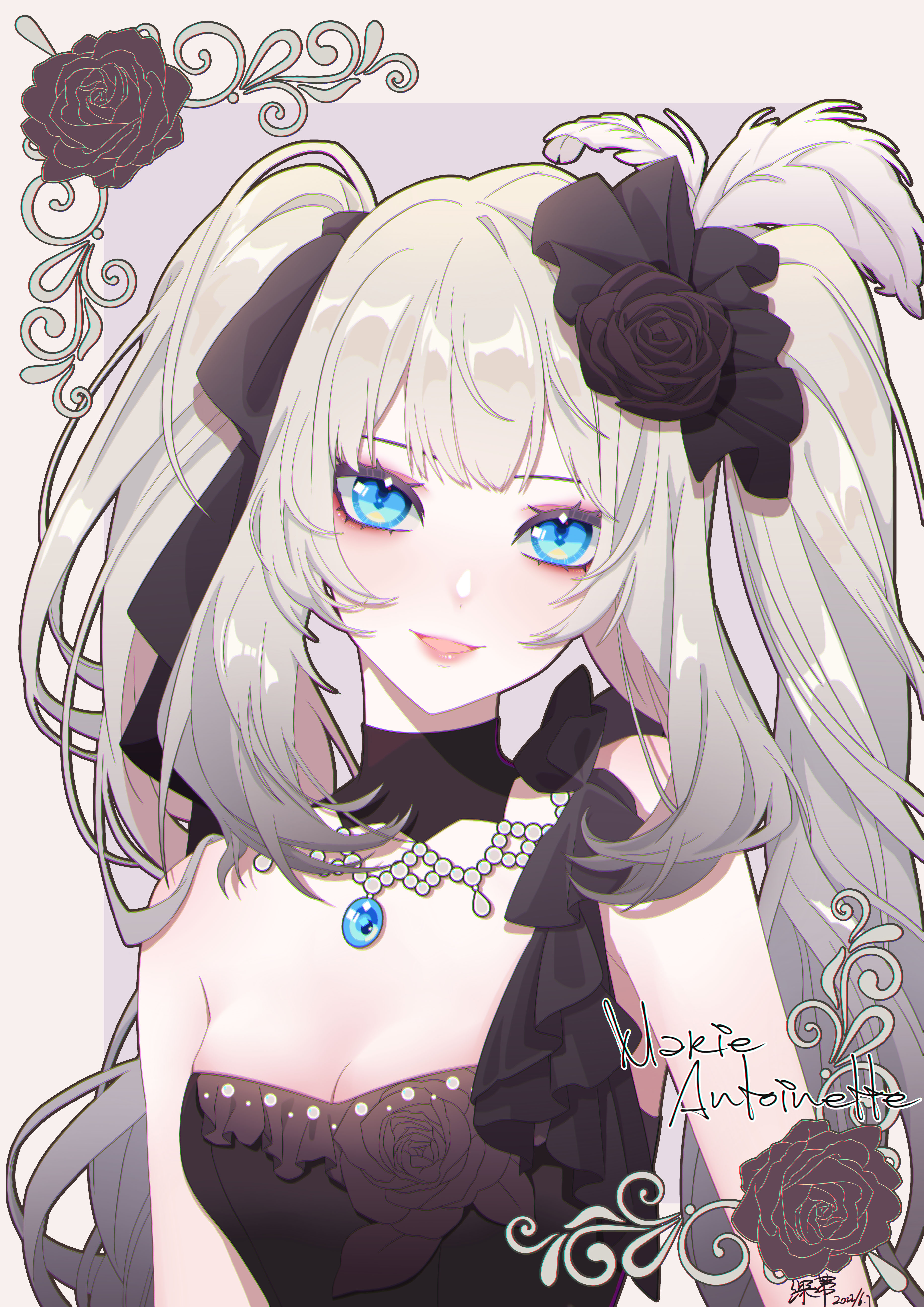 shendi 2021, marie antoinette (fate), marie antoinette (formal dress) (fate), fate/grand order, fate (series), absurdres, commentary request, highres, 1girl, bare shoulders, black dress, black flower, black rose, blue eyes, border, breasts, character name, dated, detached collar, dress, eyeshadow, flower, grey background, grey hair, hair flower, hair ornament, lips, long hair, looking at viewer, makeup, official alternate costume, open mouth, outside border, pink lips, rose, signature, simple background, small breasts, smile, solo, twintails, very long hair, white border