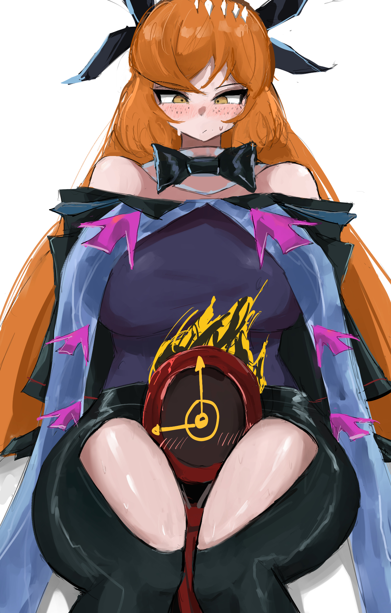 doubleuww1, dante (limbus company), ishmael (project moon), arknights, limbus company, project moon, highres, 1other, between thighs, blush, clock, clothing cutout, fire, flaming head, necktie, object head, official alternate costume, other with female, red necktie, thigh cutout, thighs