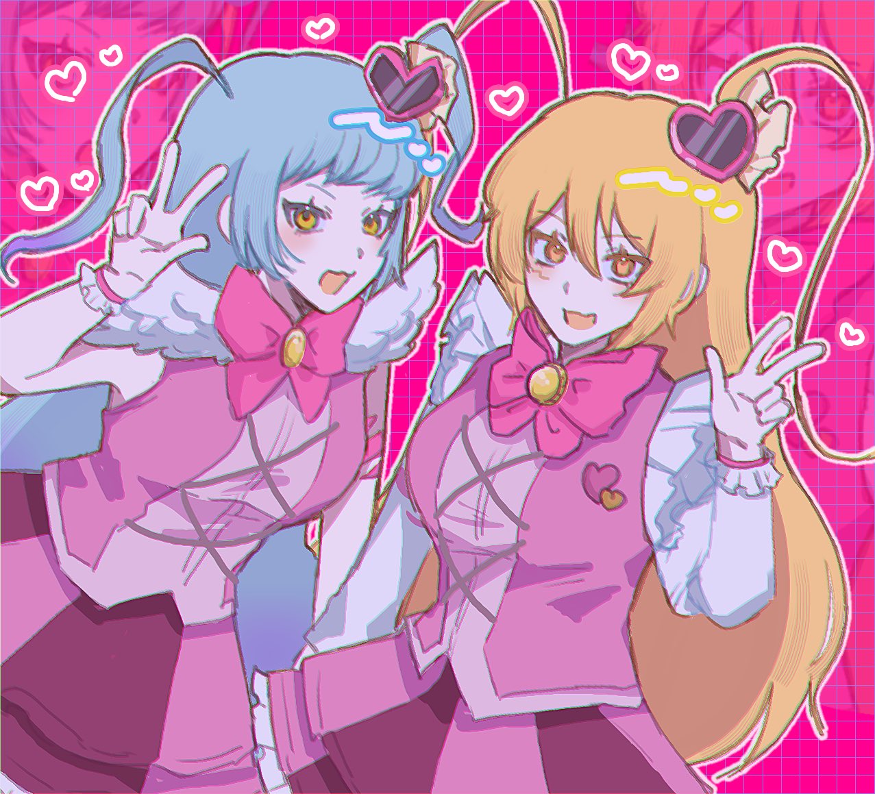 suzuki 555, don quixote (project moon), queen of hatred, limbus company, project moon, 2girls, :d, blonde hair, blue hair, bow, bowtie, e.g.o (project moon), hair ornament, heart, heart hair ornament, in the name of love and hate (e.g.o), long hair, looking at viewer, magical girl, multiple girls, open mouth, pink background, pink bow, pink bowtie, pink skirt, pink vest, simple background, skirt, smile, two side up, upper body, v, vest, yellow eyes