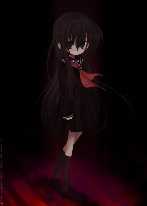 bear (artist), black eyes, black hair, brown eyes, brown hair, dark, long hair, sad, school uniform, serafuku, solo, very long hair