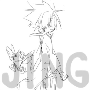 bear (artist), jing, jing (ou dorobou jing), kir (jing king of bandits), jing king of bandits, lowres, 1boy, bird, crow, greyscale, male focus, monochrome, oekaki, sketch, solo