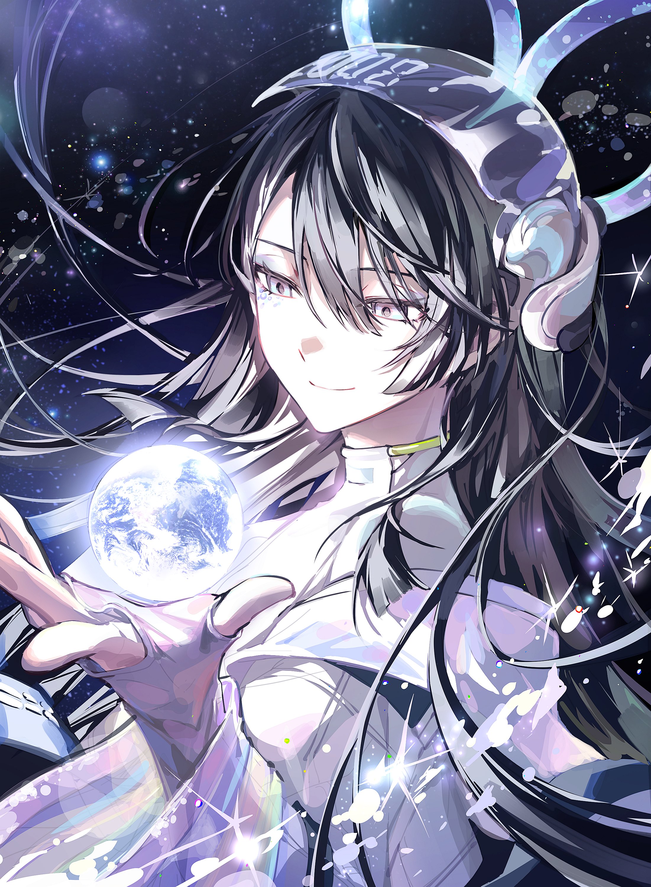 kaguya muneuji, 18trip, absurdres, highres, 1boy, alternate hair length, alternate hairstyle, asymmetrical bangs, black hair, blue eyeshadow, closed mouth, collared shirt, earth (planet), eyeshadow, fingerless gloves, floating, galaxy, gloves, hair between eyes, hair flowing over, hamunicetrip, helmet, holding, holding planet, long hair, long sleeves, looking at object, makeup, multicolored eyes, planet, see-through clothes, see-through shawl, shawl, shirt, sky, smile, solo, space, sparkle, star (sky), starry sky, starry sky background, upper body, very long hair, zero gravity