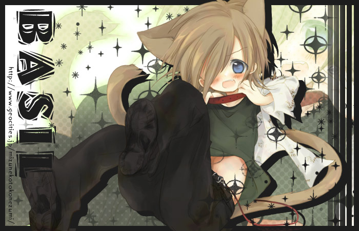 bear (artist), 1boy, animal ears, blue eyes, blush, brown hair, cat, cat ears, cat tail, child, collar, male focus, short hair, solo, tail