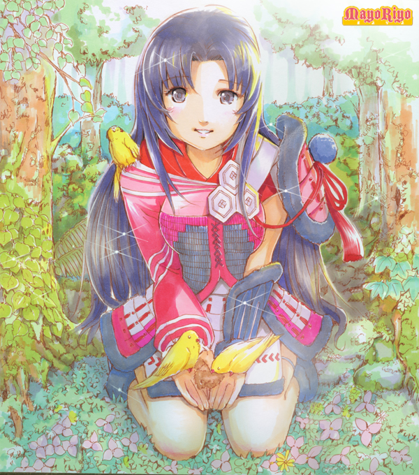 mayo riyo, oichi, oichi (sengoku basara), sengoku basara, bad id, bad pixiv id, 00s, 1girl, animal, animal on shoulder, bird, bird on hand, bird on shoulder, female focus, japanese clothes, long hair, open mouth, sitting, smile, solo, teeth, tree