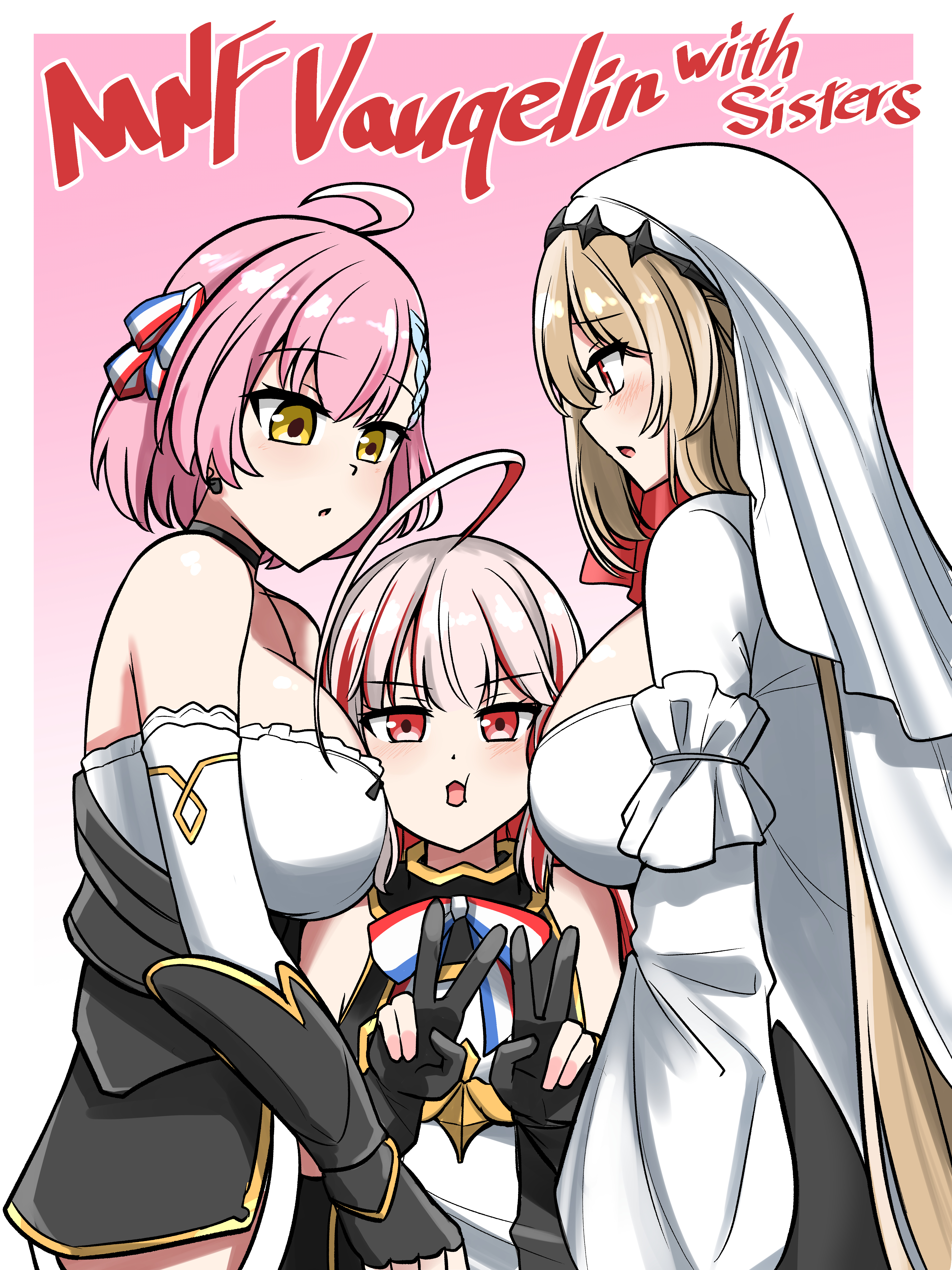 jack (hosuhosu), kersaint (azur lane), tartu (azur lane), vauquelin (azur lane), azur lane, absurdres, highres, 3girls, ahoge, between breasts, black choker, blonde hair, blush, breast smother, breasts, character name, choker, double v, dress, face to breasts, french flag, hair ribbon, head between breasts, large breasts, multicolored hair, multiple girls, nun, open mouth, petite, pink hair, red eyes, red hair, red streaks, ribbon, short hair, siblings, sisters, v, white dress, yellow eyes