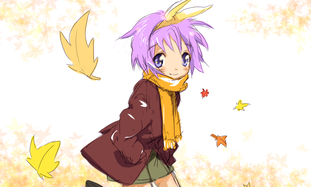 sora to umi, hiiragi tsukasa, lucky star, 00s, blue eyes, casual, coat, leaf, purple hair, scarf, short hair, sketch, solo