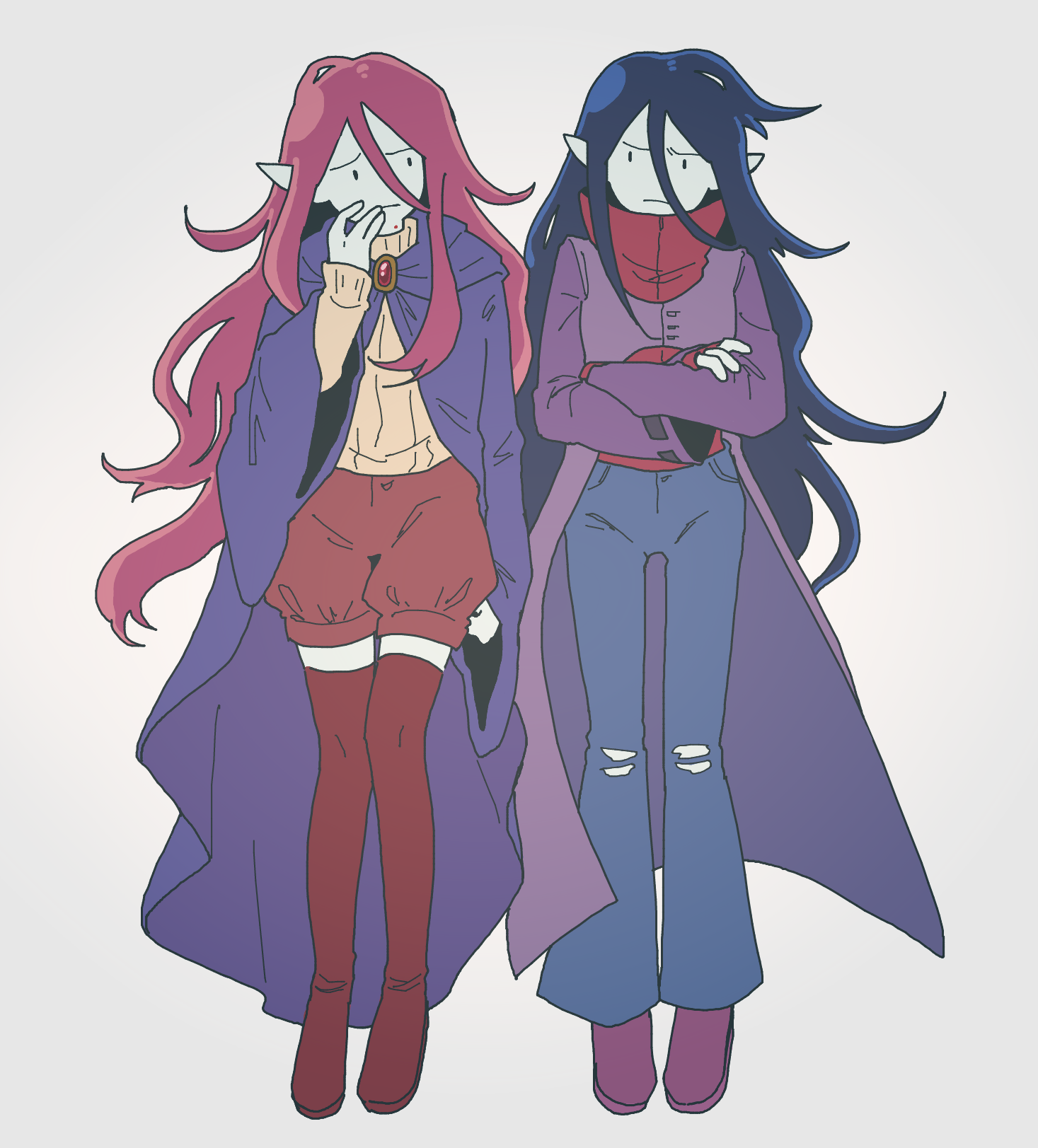 raya (uk 0128), marceline abadeer, adventure time, adventure time (comic), commentary request, highres, black hair, blue pants, boots, cloak, closed mouth, coat, colored skin, crossed arms, denim, dual persona, full body, grey skin, jeans, long hair, long sleeves, official alternate costume, official alternate hair color, pants, pink hair, pointy ears, purple cloak, purple coat, purple shoes, red boots, red shorts, shoes, shorts, simple background, sweater, torn clothes, torn jeans, torn pants, yellow sweater