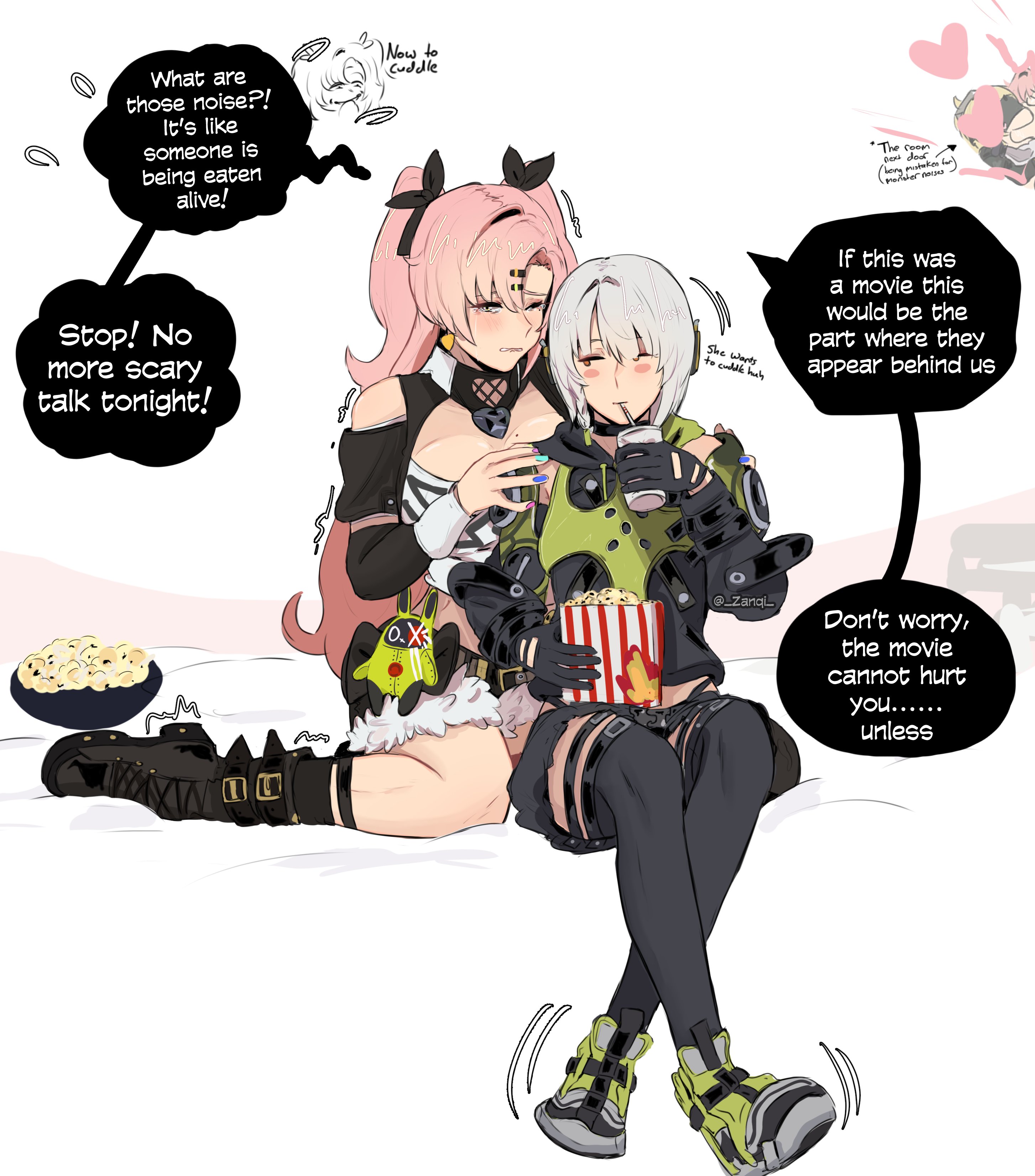 zanqi, amillion (zenless zone zero), anby demara, bangboo (zenless zone zero), nicole demara, trigger (zenless zone zero), tsukishiro yanagi, zenless zone zero, absurdres, highres, 2girls, bed, belted skirt, black gloves, black ribbon, black shorts, black skirt, black thighhighs, blanket, blindfold, blindfold mask, blonde hair, blush, bowl, braid, braided sidelocks, breasts, clothing cutout, covered eyes, crop top, cutoffs, drink, drinking, drinking straw, earrings, english text, eye mask, food, fur-trimmed shorts, fur trim, glasses, gloves, glowing mask, green jacket, green shoes, green sleeves, grey hair, hair ornament, hair ribbon, hairclip, hands on another's shoulders, headphones, heart, heart earrings, heart necklace, holding, holding drink, holding food, jacket, jewelry, kiss, looking at another, looking to the side, micro shorts, mole, mole on breast, mole under eye, multicolored sleeves, multiple girls, multiple hair ribbons, necklace, on bed, one eye closed, pink hair, popcorn, ribbon, scared, shoes, shorts, shoulder cutout, sitting, skirt, sleeveless, sleeveless jacket, speech bubble, strapless, stuffed toy, thigh strap, thighhighs, trembling, tube top, white background, white tube top