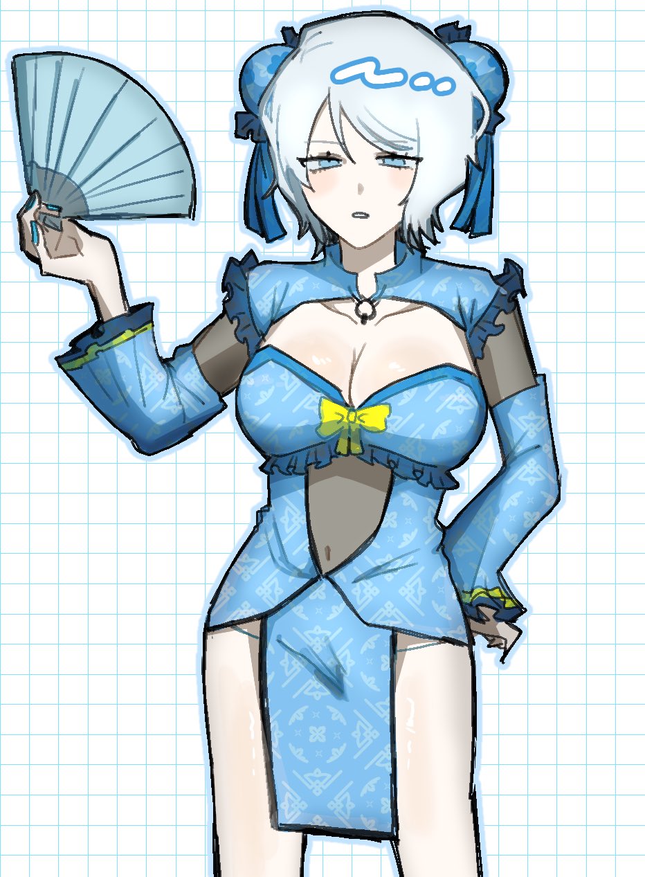 suzuki 555, faust (project moon), limbus company, project moon, highres, 1girl, alternate costume, blue dress, blue eyes, blue nails, blue shrug, breasts, china dress, chinese clothes, cleavage, double bun, dress, hair bun, hand fan, large breasts, long sleeves, looking at viewer, see-through clothes, short hair, shrug (clothing), simple background, solo, standing, thighs, upper body, white background, white hair