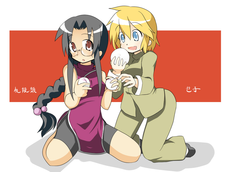 shing (sorairo factory), patricia martin, tamura hiyori, lucky star, 00s, alternate hairstyle, black hair, blonde hair, blue eyes, braid, china dress, chinese clothes, dress, glasses, long hair, short hair