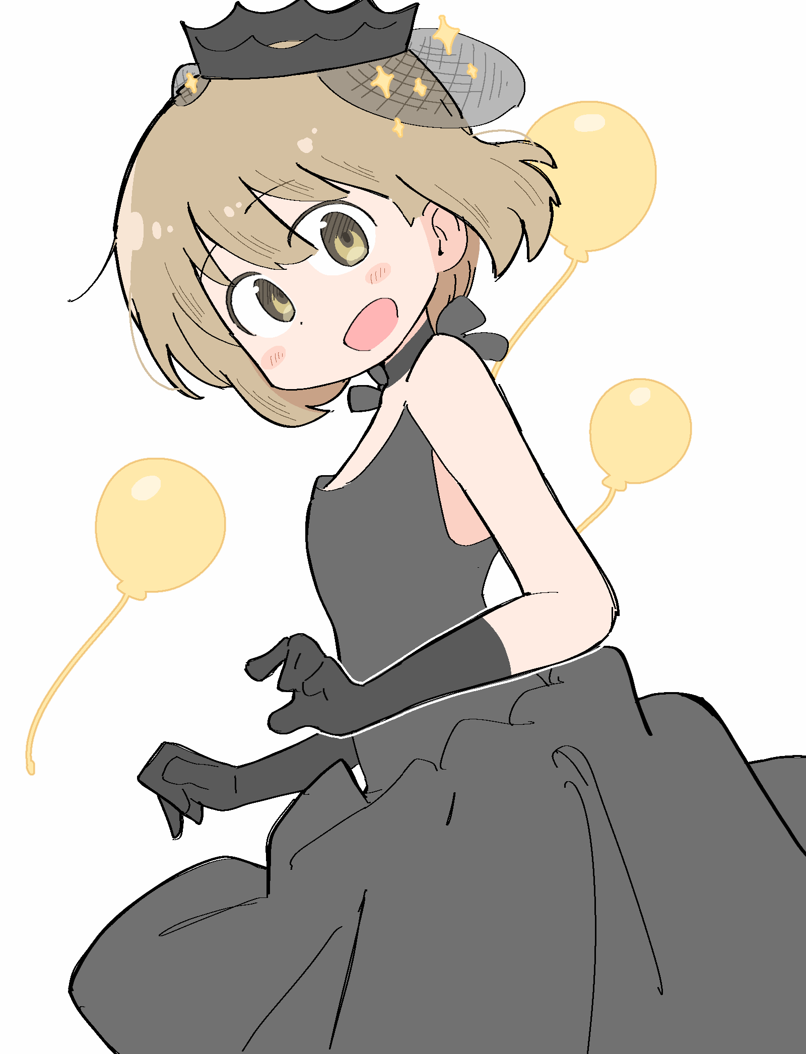 ayumu niikura, city (arawi keiichi), highres, 1girl, balloon, bare shoulders, black choker, black dress, black gloves, blonde hair, blush stickers, choker, crown, dot nose, dress, elbow gloves, from side, gloves, looking at viewer, official alternate costume, open mouth, ribbon choker, short hair, sleeveless, sleeveless dress, solo, sparkle, upper body, wichimi, yellow eyes