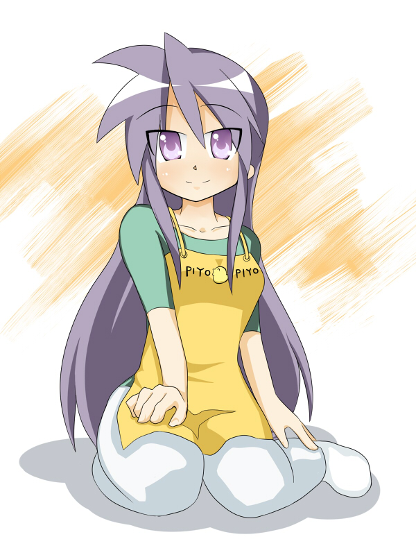 shing (sorairo factory), hiiragi miki, lucky star, 00s, apron, kneeling, long hair, purple eyes, purple hair