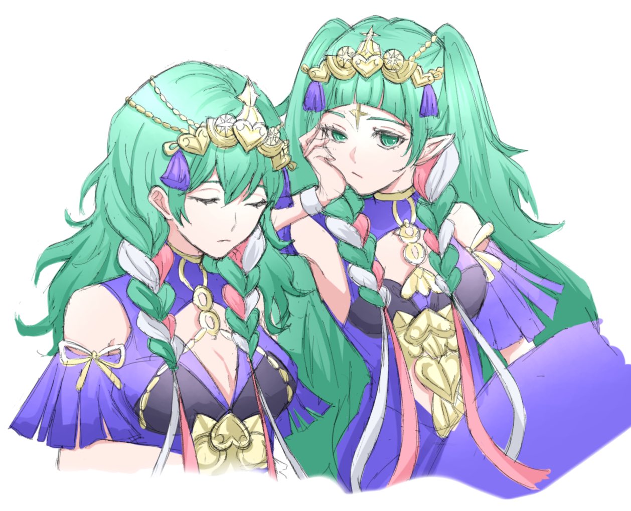 sayaka (fe uma274), female byleth (awakened) (fire emblem), female byleth (fire emblem), female byleth (sothis regalia) (fire emblem), sothis (fire emblem), fire emblem, fire emblem: three houses, nintendo, 2girls, bare shoulders, breasts, cleavage, closed eyes, closed mouth, cosplay, green eyes, green hair, grey background, hair between eyes, head rest, long hair, looking at viewer, medium breasts, multiple girls, official alternate costume, pointy ears, simple background, sothis (fire emblem) (cosplay), two side up