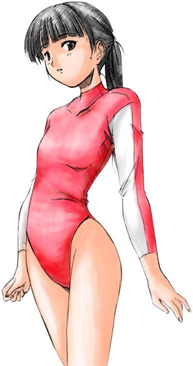 1girl, athletic leotard, black eyes, black hair, female focus, gymnastics, leotard, ponytail, red leotard, simple background, solo