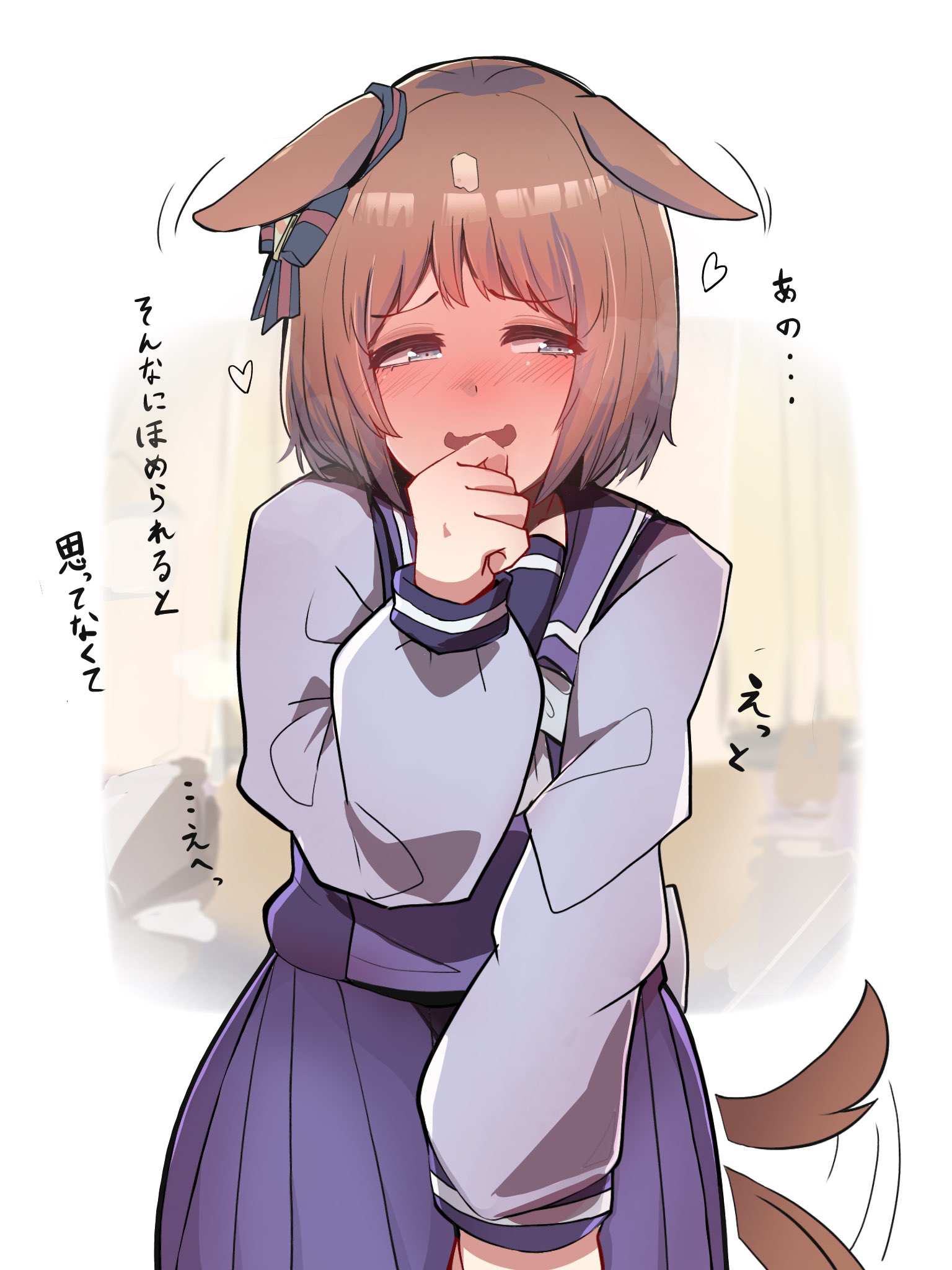 kawamochi (tddm3573), grass wonder (umamusume), umamusume, highres, translation request, :d, afterimage, alternate hair length, alternate hairstyle, animal ears, blue eyes, blush, bow, brown hair, ears down, half-closed eyes, hand to own mouth, hand up, horse ears, horse girl, horse tail, long sleeves, looking at another, multicolored hair, nose blush, open mouth, pleated skirt, puffy long sleeves, puffy sleeves, purple shirt, purple skirt, school uniform, shirt, short hair, skirt, smile, tail, tail wagging, tracen school uniform, two-tone hair, white bow, white hair