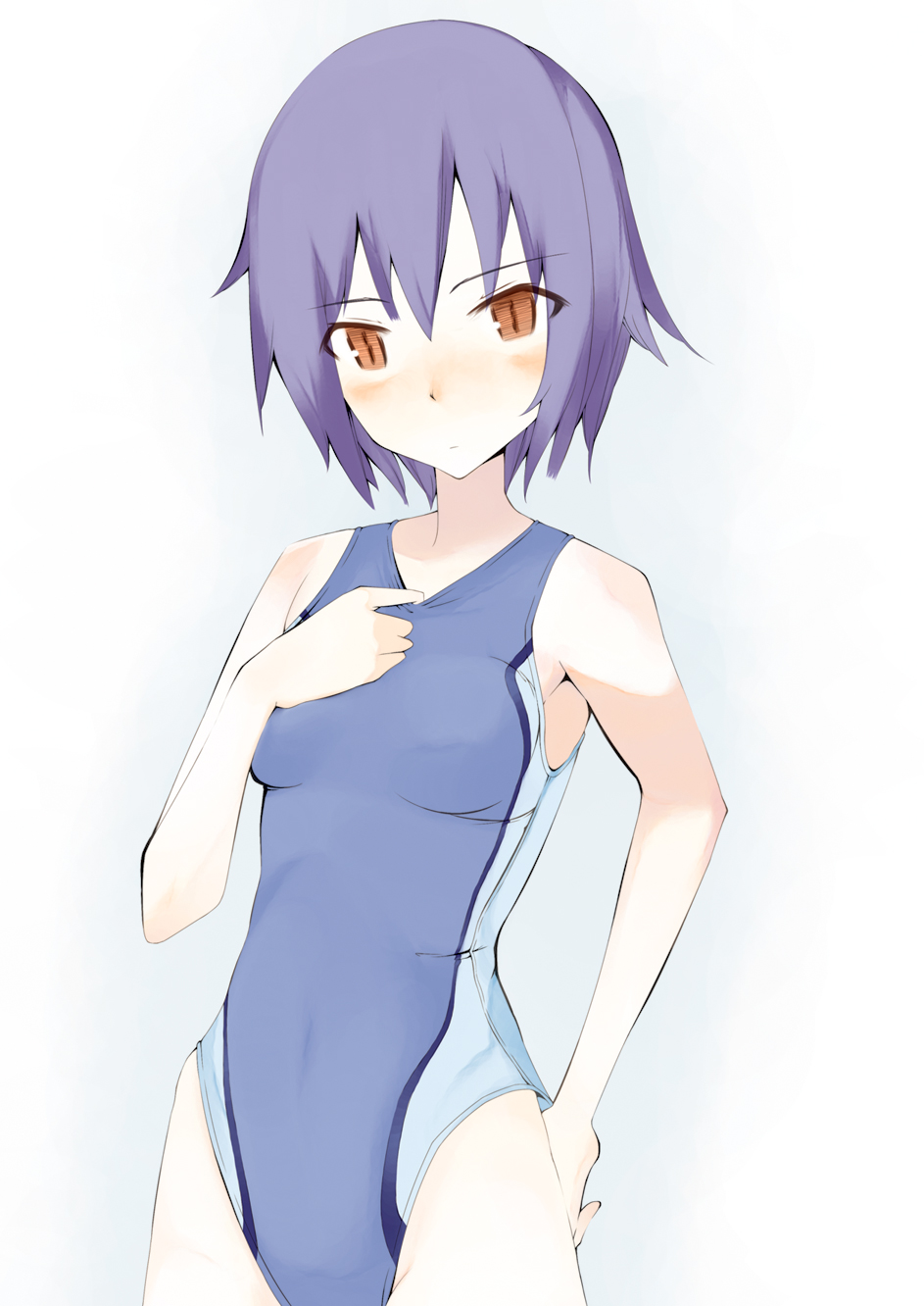 kunagisa hou, nagato yuki, suzumiya haruhi no yuuutsu, bad id, bad pixiv id, highres, 00s, blush, competition swimsuit, one-piece swimsuit, short hair, solo, swimsuit