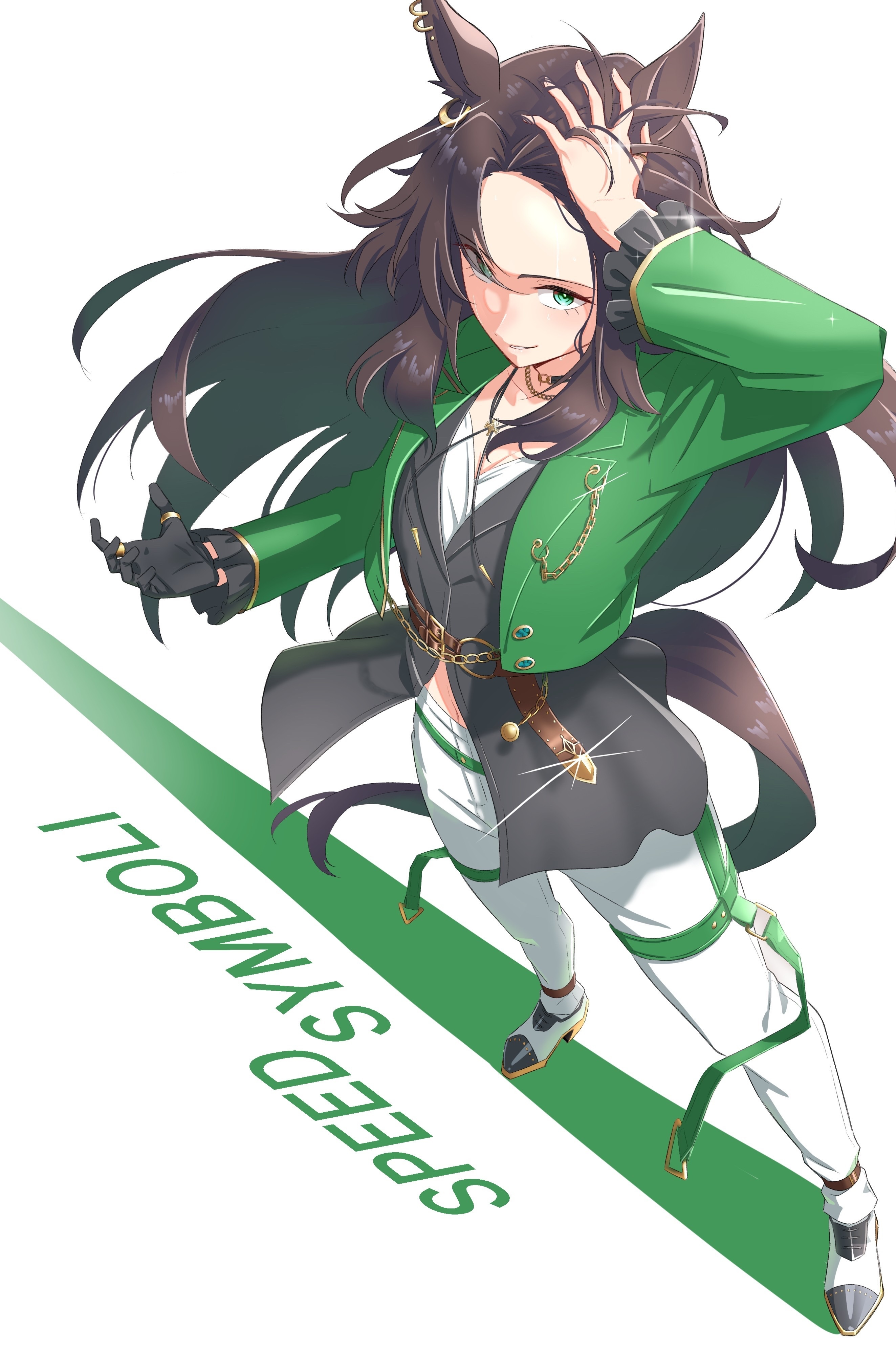 kazoku chicken, speed symboli (umamusume), umamusume, absurdres, highres, 1girl, animal ear piercing, animal ears, character name, green eyes, green jacket, horse ears, horse girl, horse tail, jacket, lapel chain, navel, pants, single hair intake, smile, solo, tail, white background, white pants