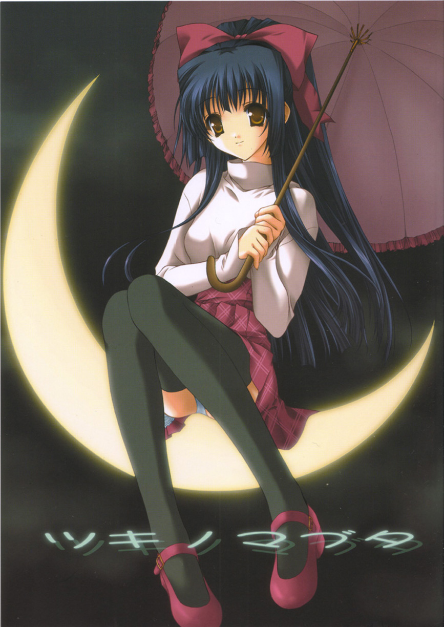 moekibara fumitake, kuraki suzuna, kao no nai tsuki, highres, 00s, long hair, mary janes, moon, panties, pantyshot, ponytail, shoes, skirt, solo, sweater, thighhighs, umbrella, underwear, yellow eyes