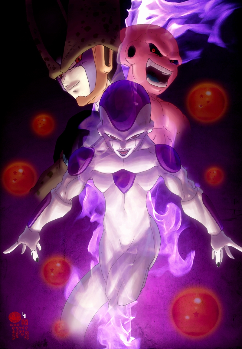 limandao, cell (dragon ball), final form frieza, frieza, kid buu, majin buu, dragon ball, dragonball z, >:d, 3boys, :d, dragon ball (object), head tail, male focus, multiple boys, no humans, open mouth, smile, teeth, v-shaped eyebrows