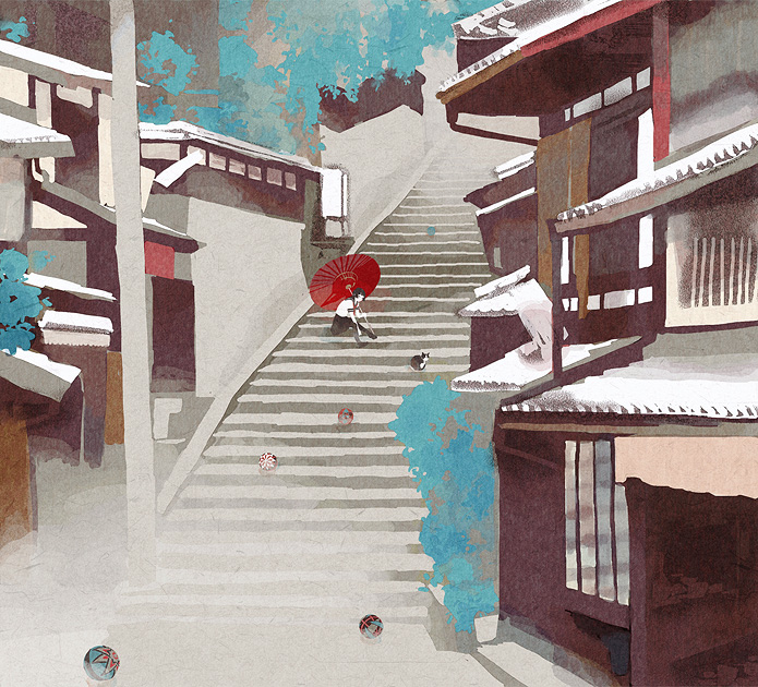 kumaori jun, original, 1girl, animal, ball, black hair, building, cat, oil-paper umbrella, outdoors, school uniform, serafuku, sitting, sitting on stairs, stairs, umbrella