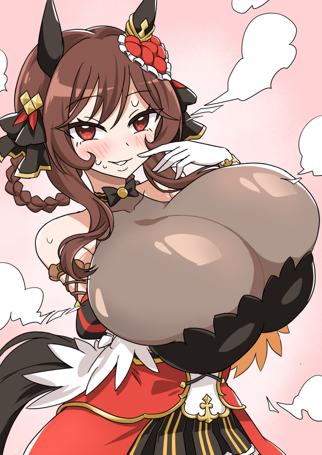 umamusume, 1girl, animal ears, blush, breasts, brown hair, bursting breasts, dress, gigantic breasts, gloves, red eyes, tail, white gloves