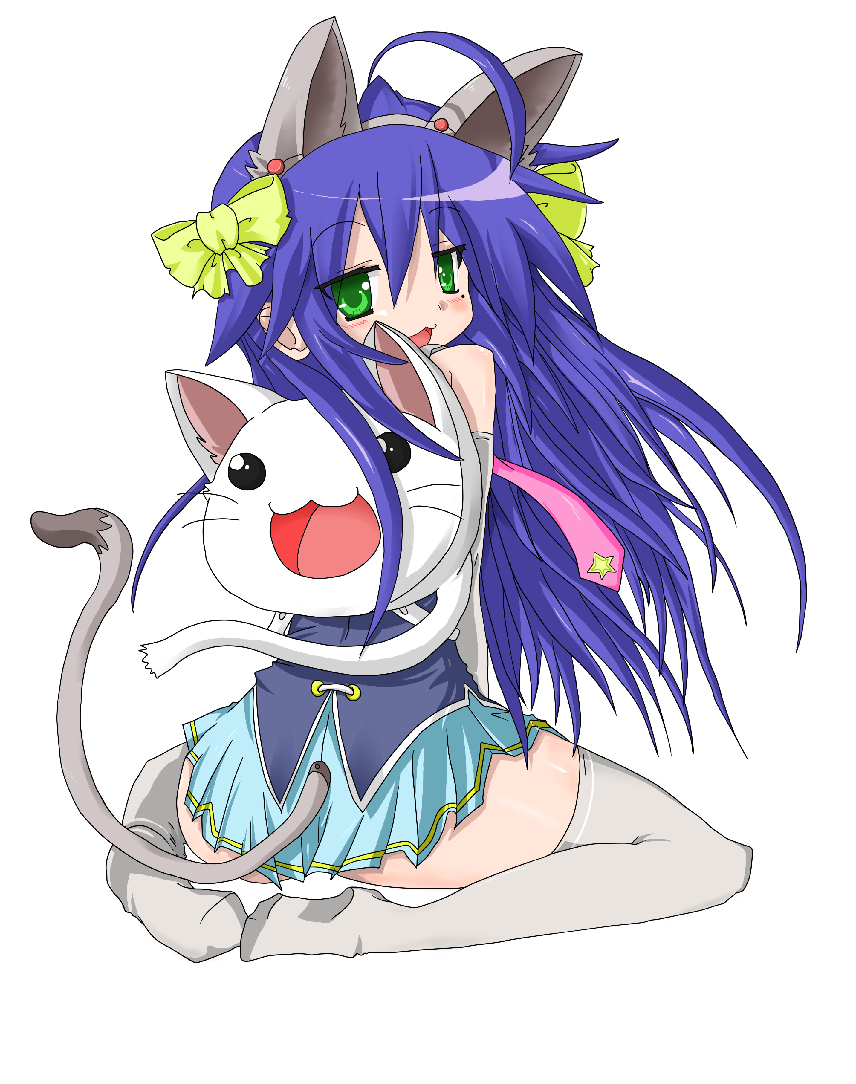 izumi konata, lucky star, absurdres, highres, 00s, 1girl, ahoge, animal ears, blue hair, cat ears, cat tail, female focus, green eyes, long hair, looking back, mole, mole under eye, solo, tail, thighhighs