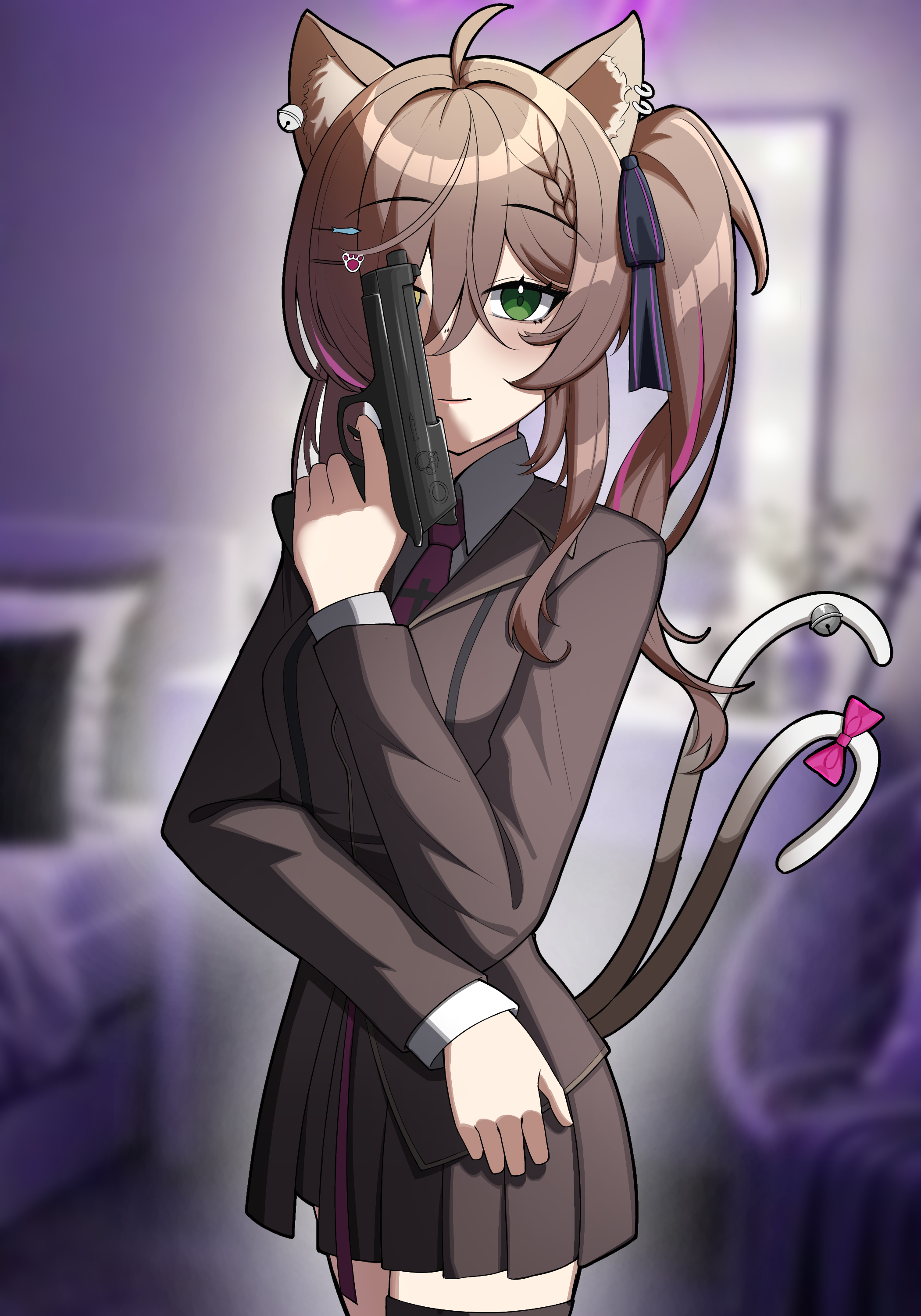saruneo, suzune nia, requiem, absurdres, commission, highres, 1girl, ahoge, animal ear fluff, animal ears, bell, bird, blurry, blurry background, bow, cat ears, closed mouth, green eyes, gun, hair between eyes, hair bow, hair ribbon, handgun, heterochromia, indoors, knee up, knees up, military uniform, necktie, nose, pistol, ribbon, shirt, side ponytail, skirt, smile, solo, standing, twintails, virtual youtuber, weapon, yellow eyes