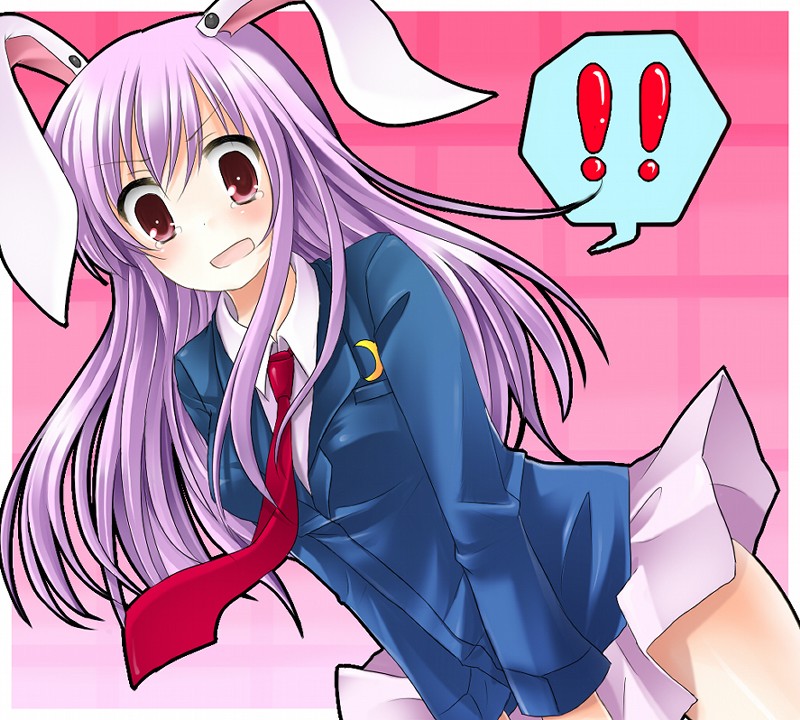 shiitake (artist), reisen udongein inaba, touhou, !, 1girl, animal ears, blush, female focus, long hair, necktie, open mouth, purple hair, rabbit ears, red necktie, skirt, solo, tears