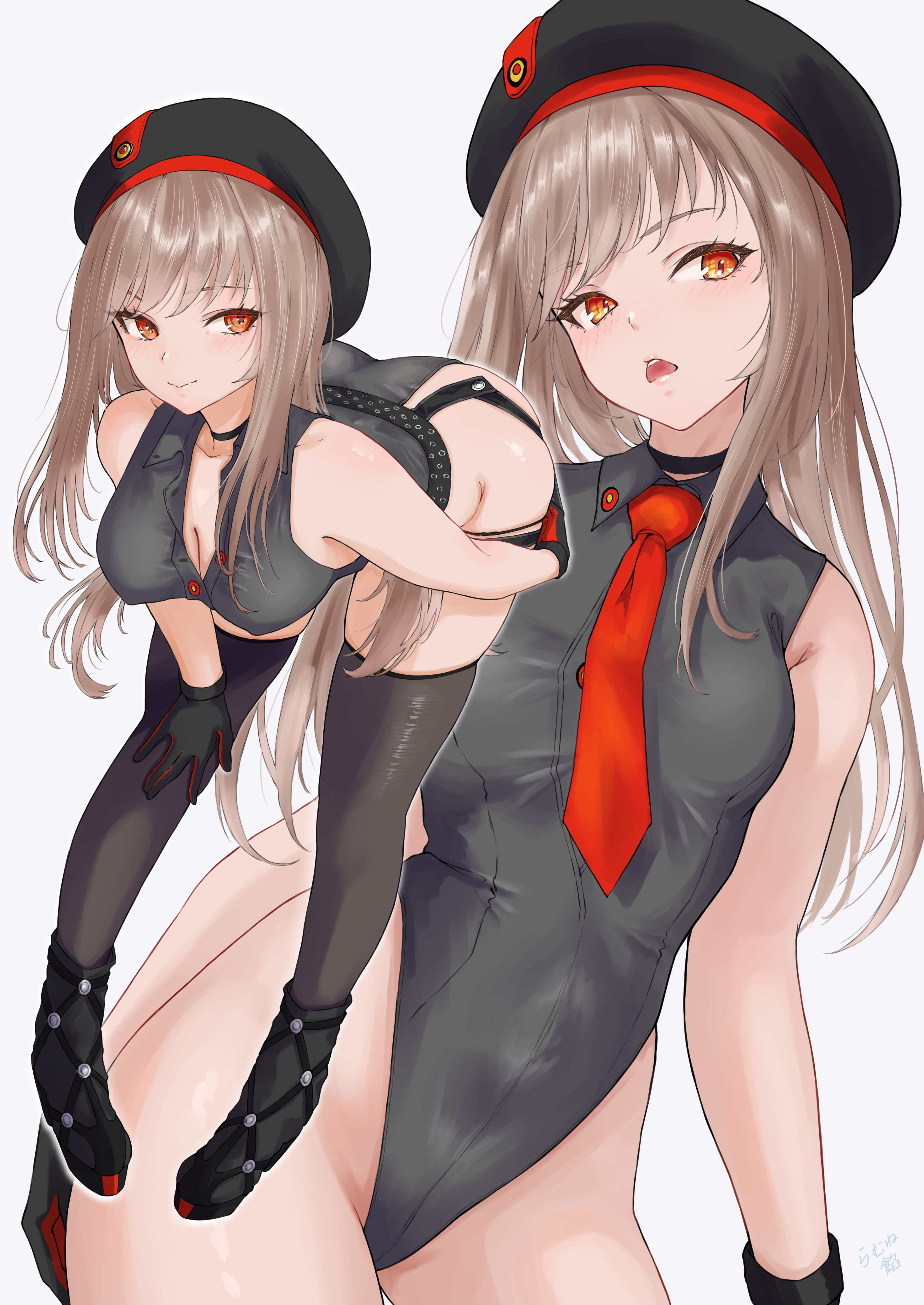 ramuneogura, rapi (nikke), goddess of victory: nikke, absurdres, highres, 1girl, ass, black choker, black gloves, black hat, black leotard, black thighhighs, breasts, brown hair, choker, gloves, hat, highleg, highleg leotard, leotard, long hair, medium breasts, military hat, multiple views, necktie, red necktie, solo, thighhighs, thighs, white background