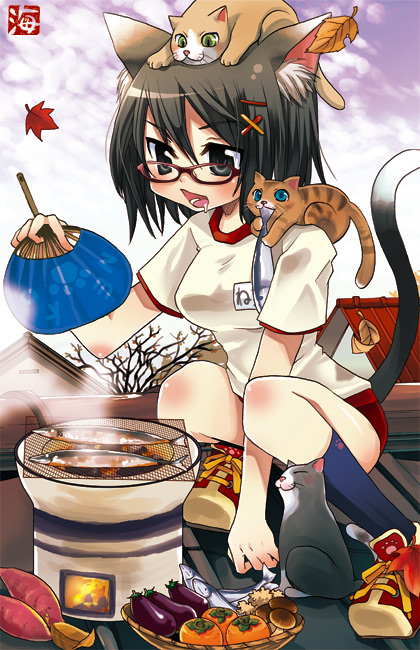 kaisanbutsu, 1girl, animal ears, buruma, cat, cat ears, cat tail, cooking, eggplant, female focus, fish, food, glasses, grill, grilling, hand fan, mushroom, paper fan, shichirin, solo, sweet potato, tail, uchiwa