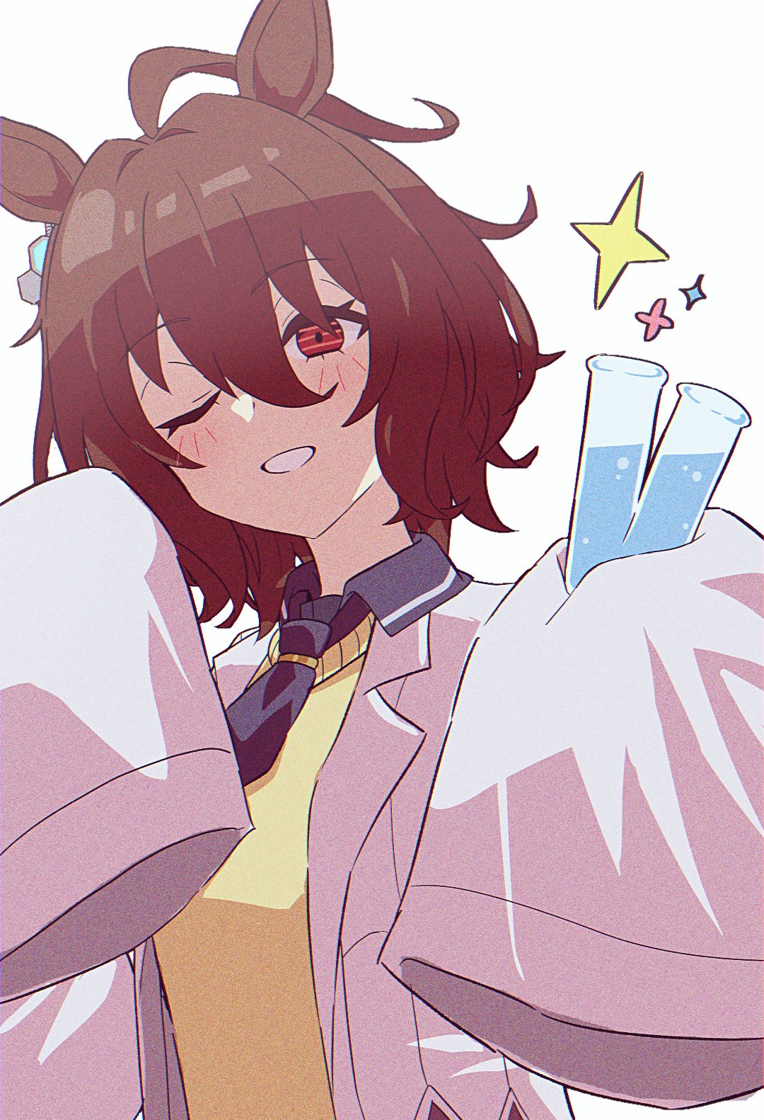 ni co ro, agnes tachyon (umamusume), umamusume, hashtag-only commentary, highres, 1girl, ahoge, animal ears, brown hair, earrings, film grain, heavy film grain, holding, holding test tube, horse ears, horse girl, jewelry, lab coat, necktie, short necktie, single earring, sleeves past fingers, sleeves past wrists, solo, sweater, sweater vest, test tube, upper body, yellow sweater, yellow sweater vest