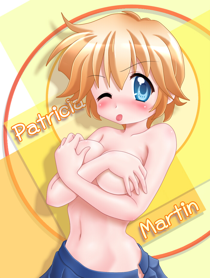 patricia martin, lucky star, breast hold, non-web source, 00s, 1girl, blonde hair, blue eyes, blush, breasts, character name, covering breasts, covering privates, female focus, navel, one eye closed, short hair, skirt, solo, tongue, tongue out, topless female, wink