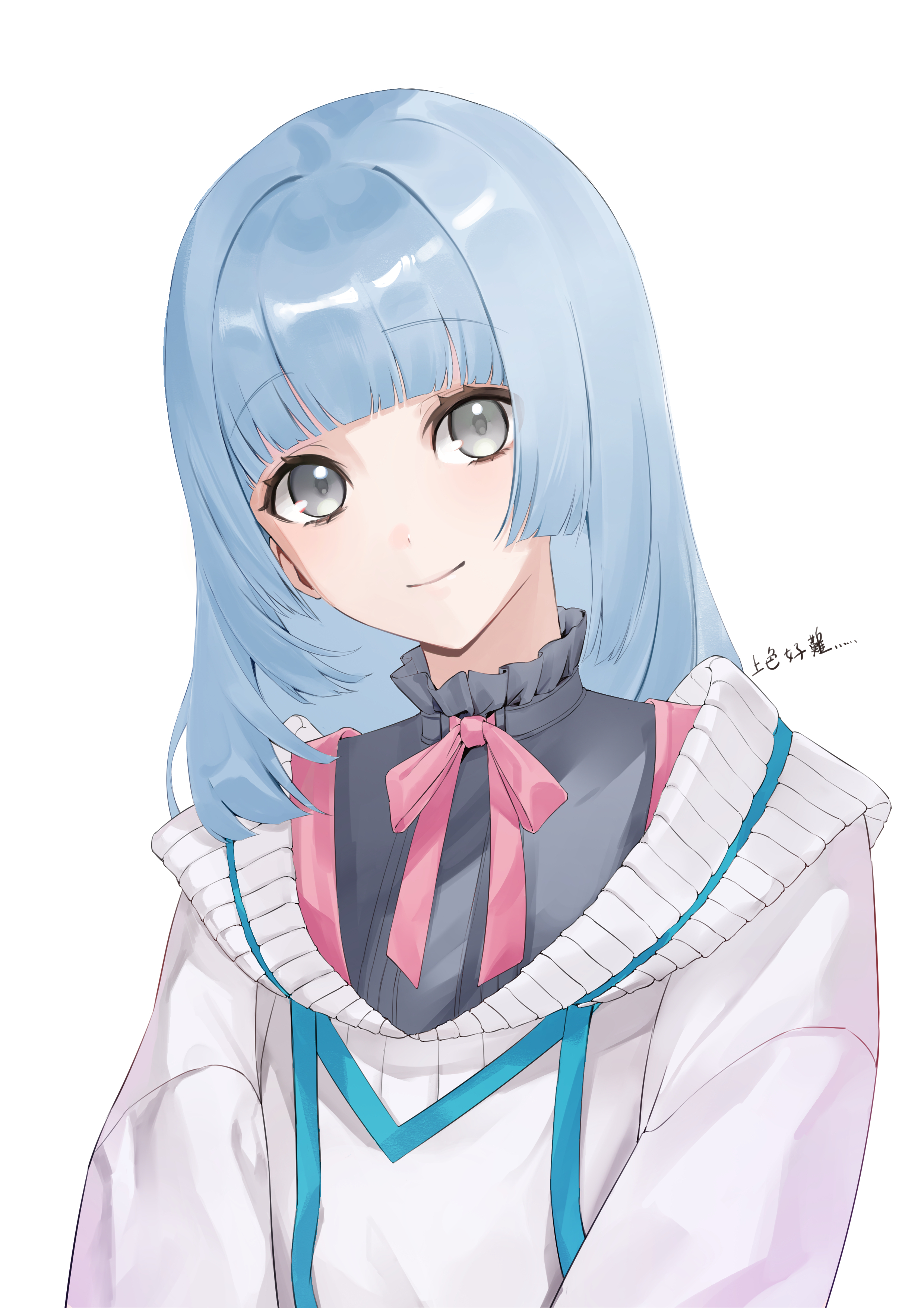 tria0c2, sawara miyu, persona, persona 5, persona 5: the phantom x, absurdres, commentary request, highres, 1girl, aqua hair, cardigan, closed mouth, grey eyes, head tilt, long hair, looking at viewer, neck ribbon, pink ribbon, ribbon, simple background, smile, solo, white background, white cardigan