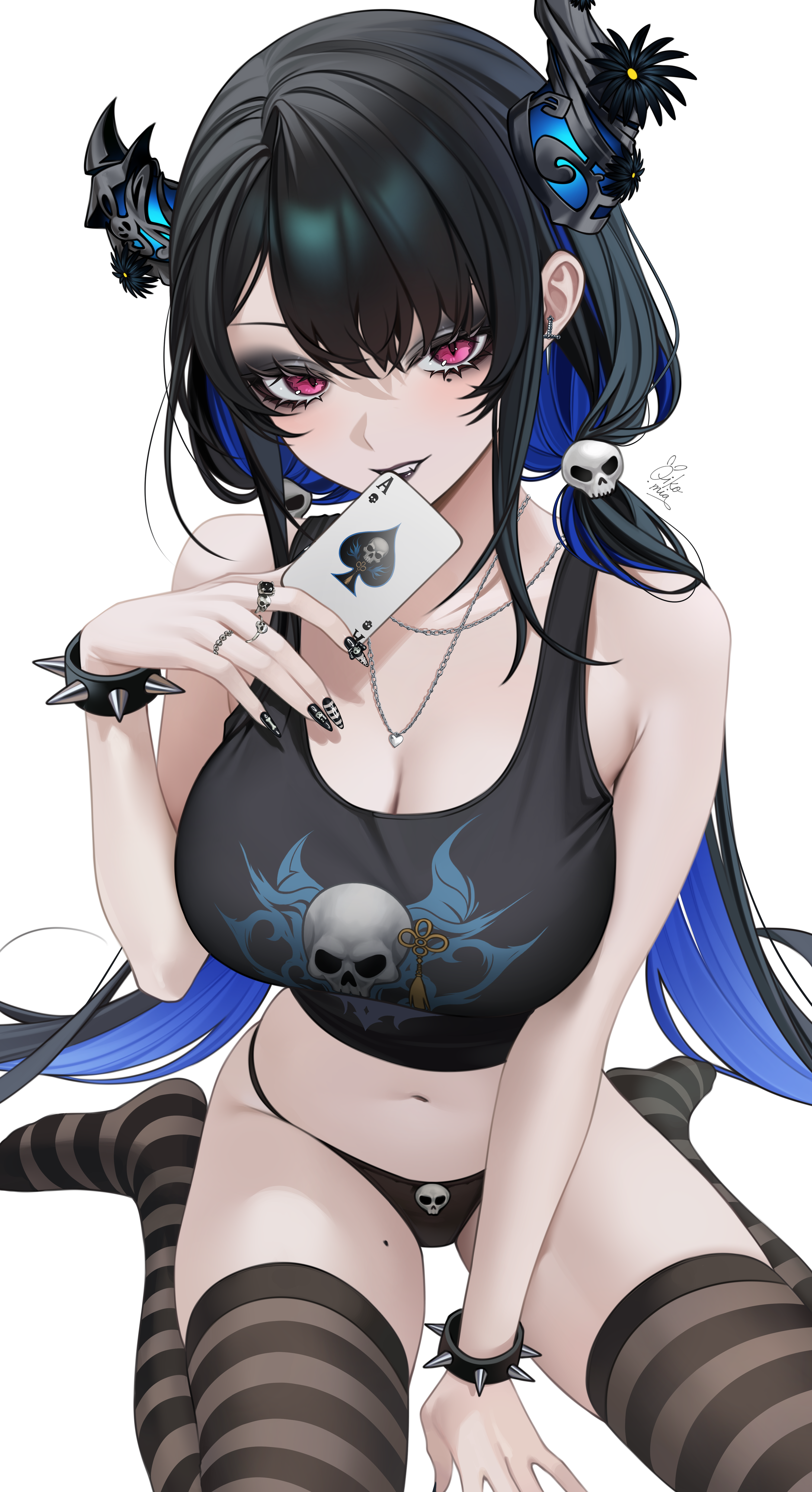 oikomia, nerissa ravencroft, hololive, hololive english, absurdres, bilingual commentary, commentary, english commentary, highres, mixed-language commentary, 1girl, ace (playing card), ace of hearts, ace of spades, artist name, asymmetrical horns, between legs, black eyeliner, black eyeshadow, black hair, black lips, black nails, black tank top, black thighhighs, blue hair, breasts, card, cleavage, colored inner hair, ear piercing, emo fashion, eyeliner, eyeshadow, fingernails, flower, grin, hair ornament, hand between legs, hand up, heart, heart necklace, holding, holding card, horn flower, horns, jewelry, large breasts, lipstick, long fingernails, long hair, looking at viewer, low twintails, makeup, mole, mole on thigh, mole under eye, multicolored hair, nail polish, navel, necklace, no pants, no shoes, panties, piercing, playing card, print panties, purple eyes, sidelocks, signature, simple background, sitting, skull hair ornament, skull print, slit pupils, smile, solo, spade (shape), spiked wristband, stomach, striped clothes, striped thighhighs, tank top, thighhighs, twintails, underwear, uneven horns, very long hair, virtual youtuber, white background